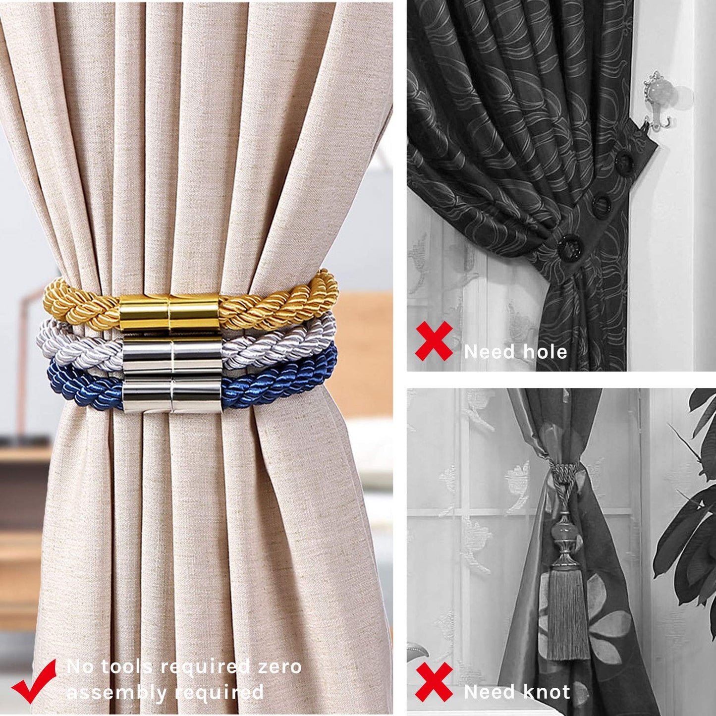 NICEEC 2 Pack Strong Magnetic Curtain Tiebacks Modern Simple Style Drape Tie Backs Convenient Decorative Weave Rope Curtain Holdbacks for Thin or Thick Home & Office Window Draperies (Teal)