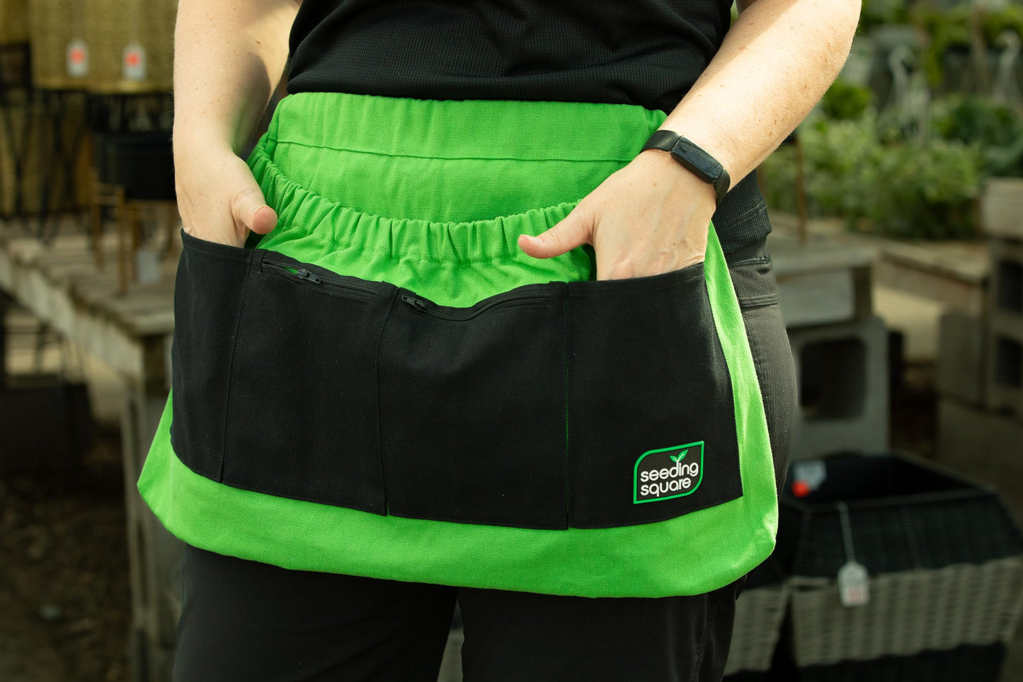 Seeding Square Harvest Garden Apron – pick fruits, vegetables, eggs and weeds & store small tools, seeds and personal items (Black Pockets on Green)