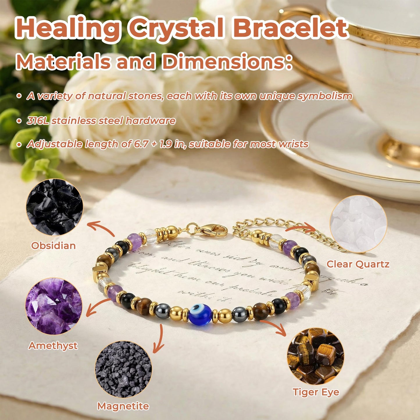 QINJIEJIE Evil Eye Bracelet for Women Fivefold Protection Gifts Black Obsidian Tigers Eye Evil Eye Beads Healing Crystal Guardian Bracelet Gift for Women Friends