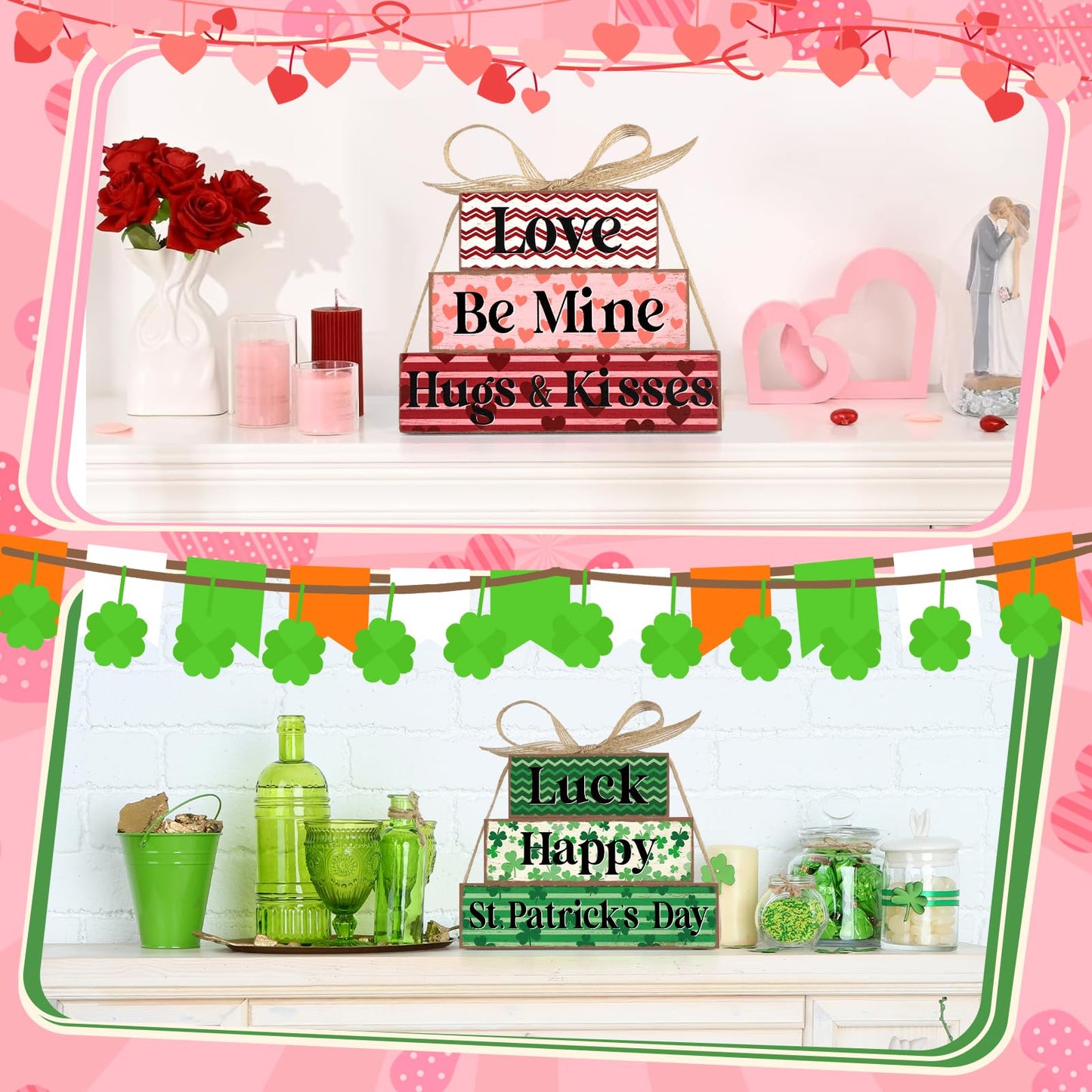 Valentine's Day Decoration Reversible Valentine St. Patrick's Day Table Decoration Wooden Table Centerpieces Rustic Valentine Tabletop Sign Bundle Double Side Irish Tiered Tray Decor for Home Office Decor
