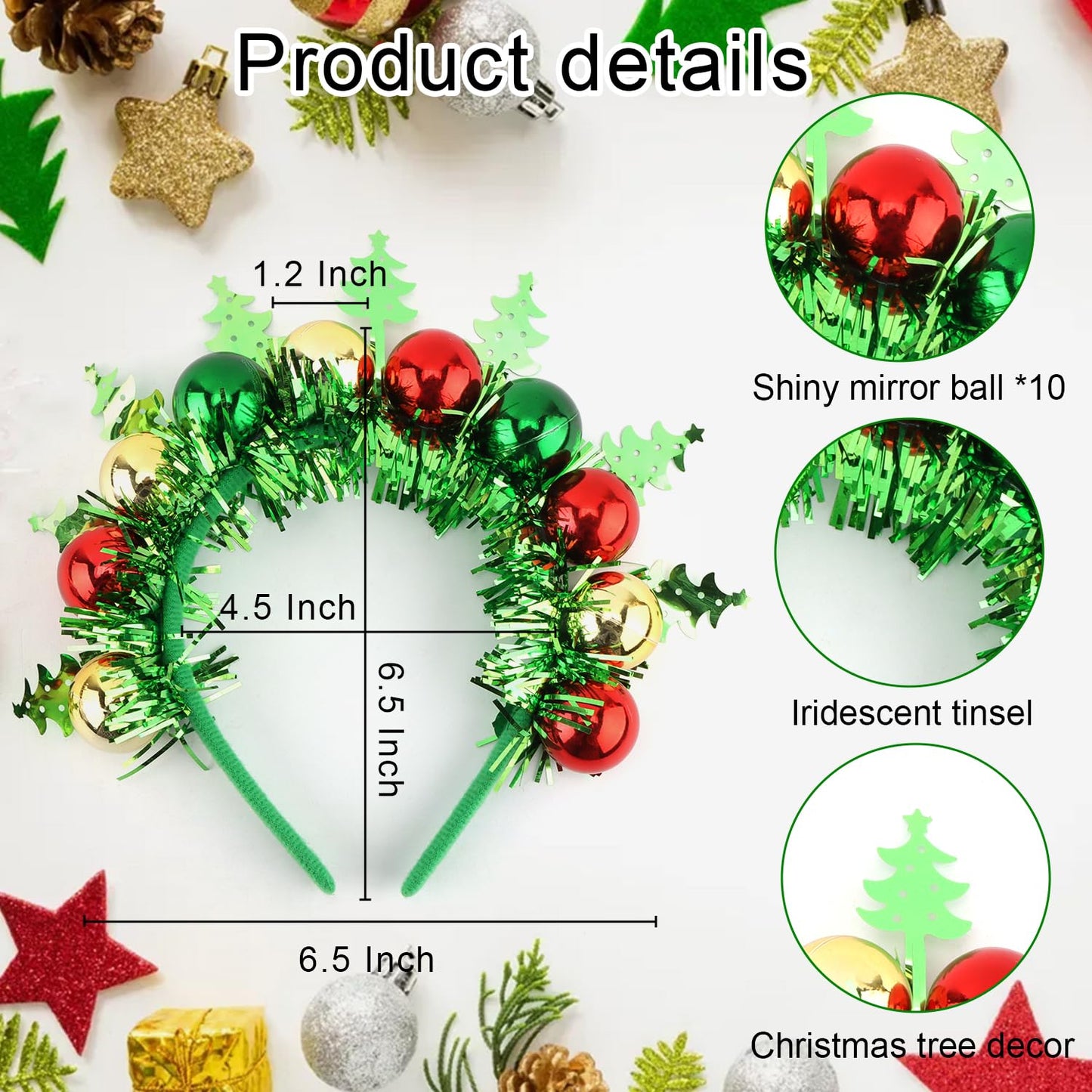 SuPoo Christmas Headbands for Women Christmas Tree Holiday Ball Bell Headbands Xmas Retro Disco Outfit Costume Accessories Iridescent Tinsel Green Hairband Metallic Hair Hoop for Party New Years