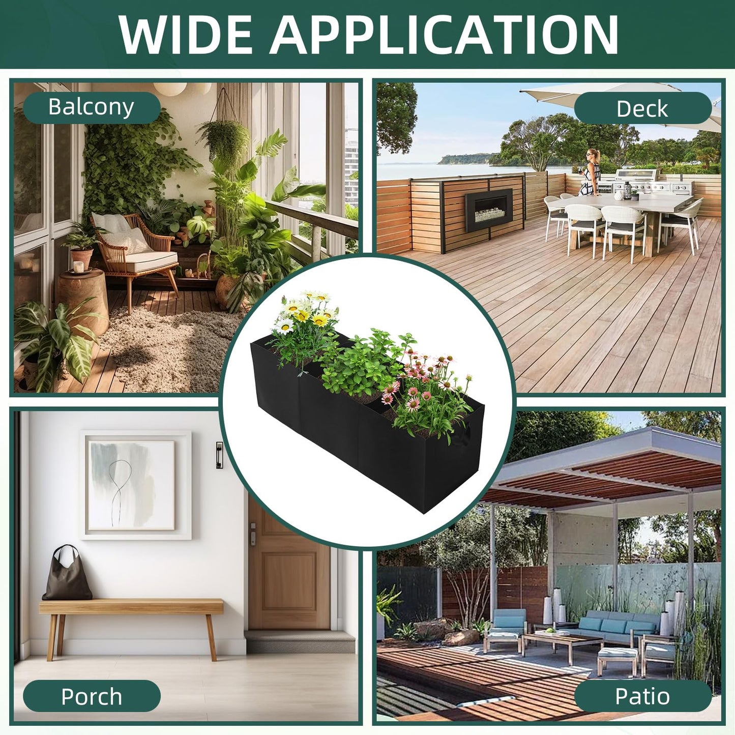 2 Pack Plant Grow Bags, 3 Divided Grids Fabric Raised Planting Bed Rectangle Raised Vegetable Planter Garden Planting Grow Pot Outdoor Planter Box for Vegetables, Flowers, Plants (Black, 120x40x40cm)