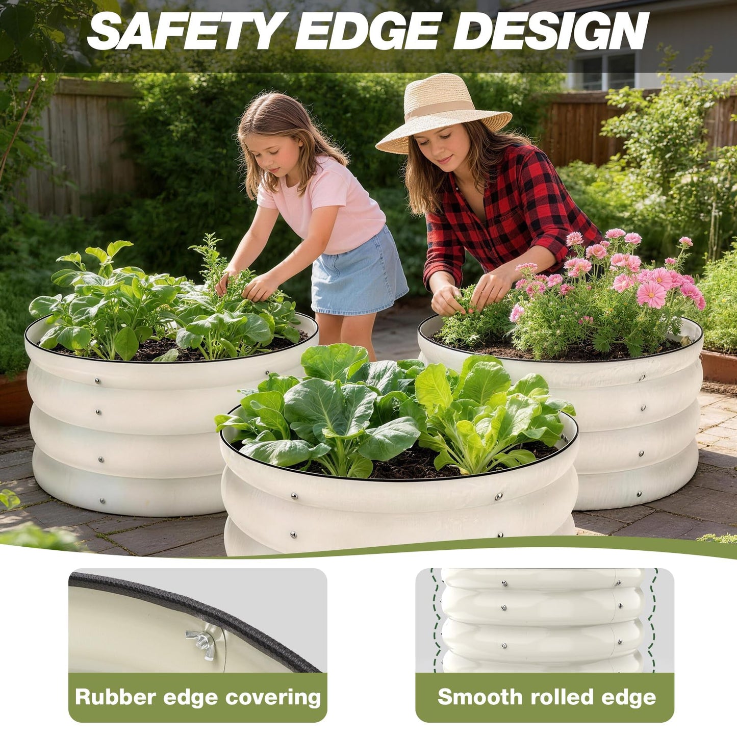 SHALL 8PC Galvanized Raised Garden Bed Kit, 3Pc 2x2x1ft Round Planter Boxes Outdoor W/Mini Seed Spreader, Disk Seeder, 2X Seeding Transplanters, Protective Gloves for Flowers Fruits Vegetables Herbs