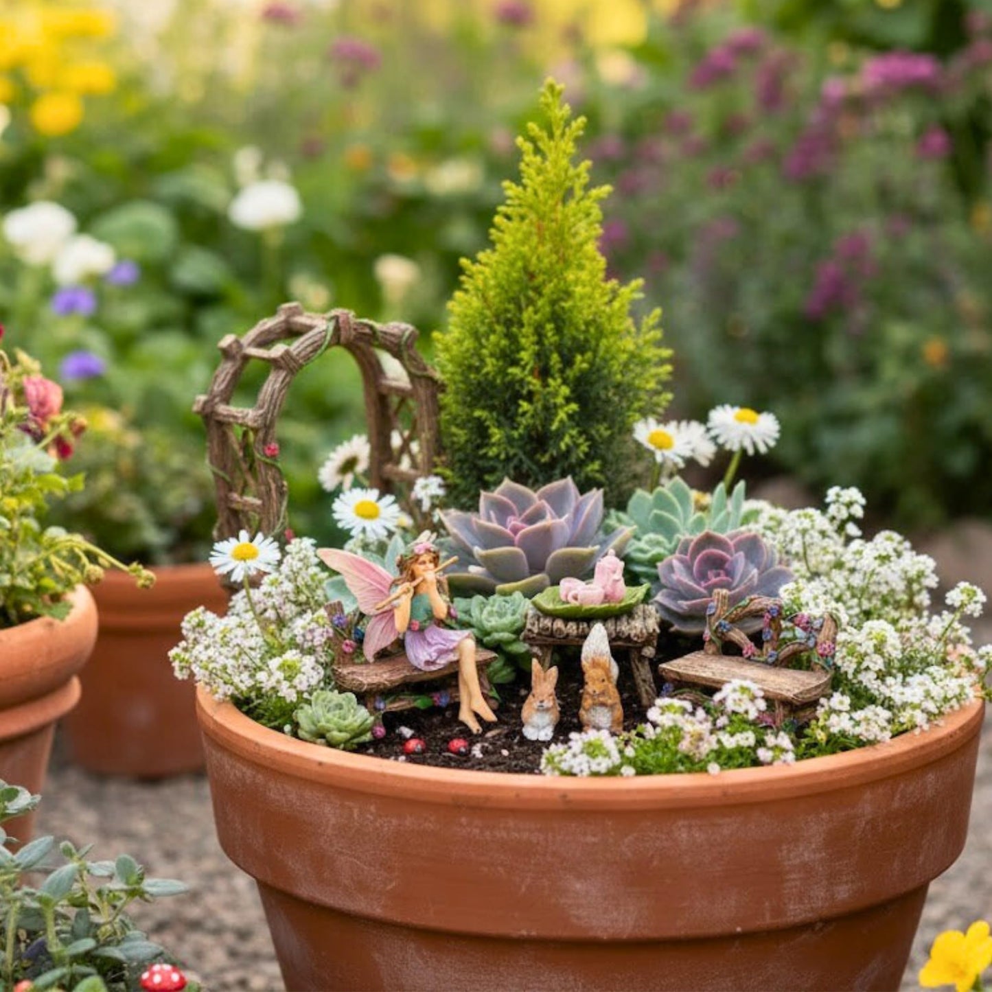 PRETMANNS Fairies for Fairy Garden Accessories for Outdoor - Figurine Bella and Furniture for Miniature Set with Squirrel, a Bunny, 4 Ladybugs - Ideal for Fairy Garden Starter Kit - 14 Piece Supplies