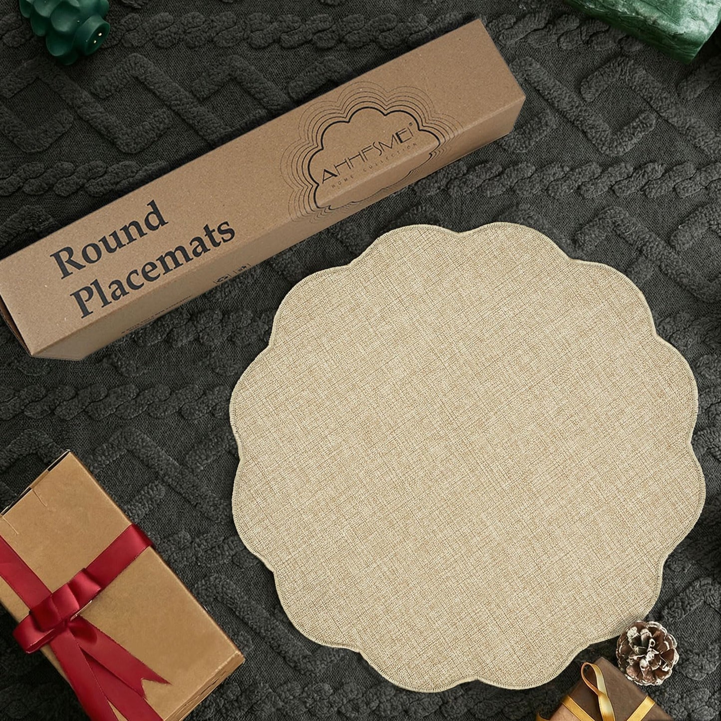 AHHFSMEI Round Faux Linen Placemats Set of 6 Heat Resistant Non-Slip Stain Proof Table Mats for Kitchen Dining Elegant Decor Place Mats (Linen Beige,6)