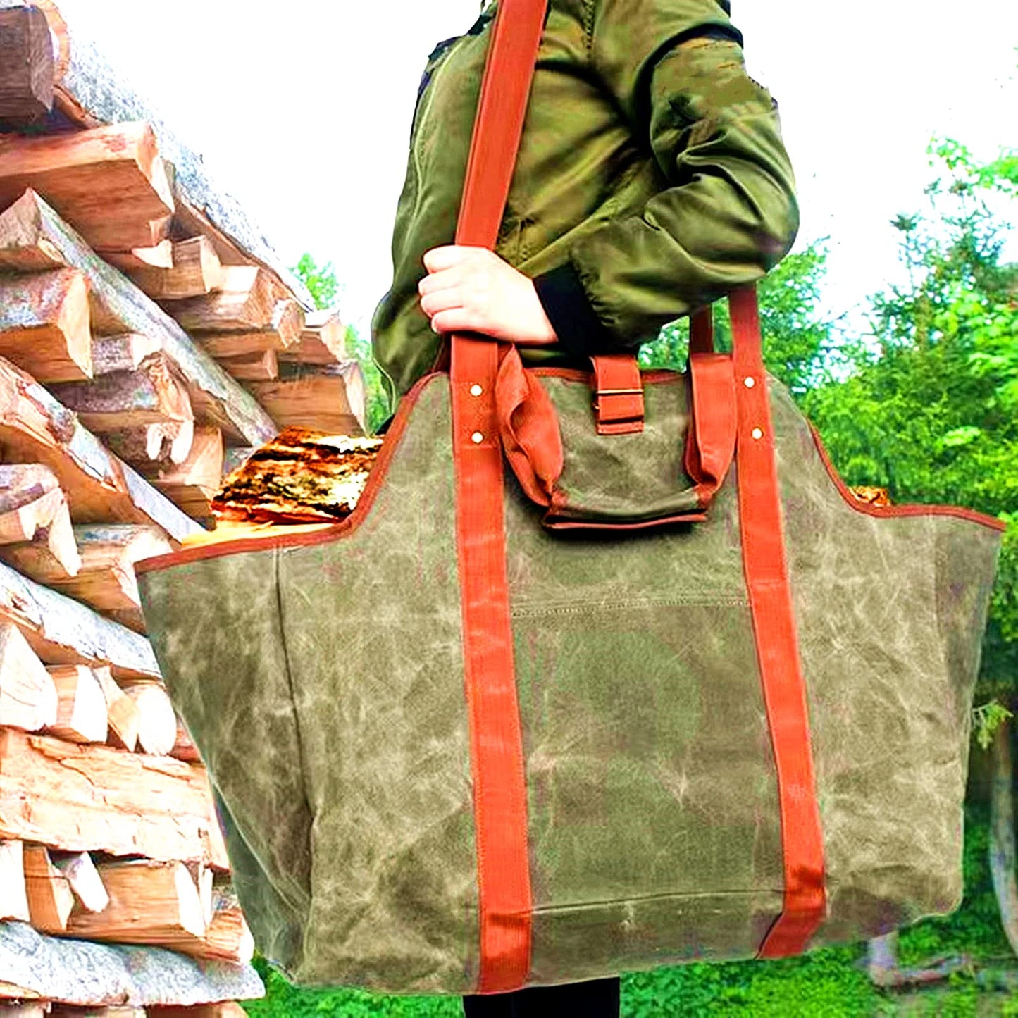 Green Leather Indoor Fireplace Log Holder - Wood Carrier for Firewood Rack & Tote