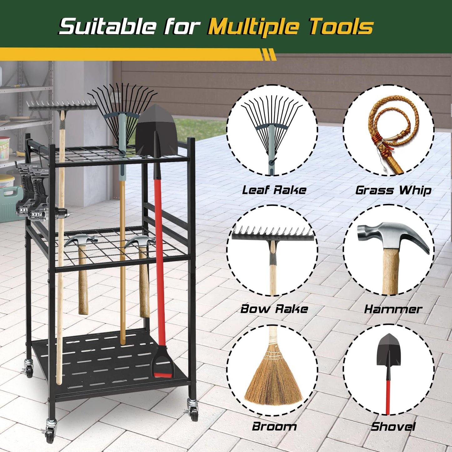 THESEATOP Garden Tool Organizer, 3-Tier Yard Tool Storage Rack with 35 Slots & 3 Hooks, Heavy Duty Garage Organizer for Shovels, Rakes & Brooms (33.6" x 11.5" x 17")