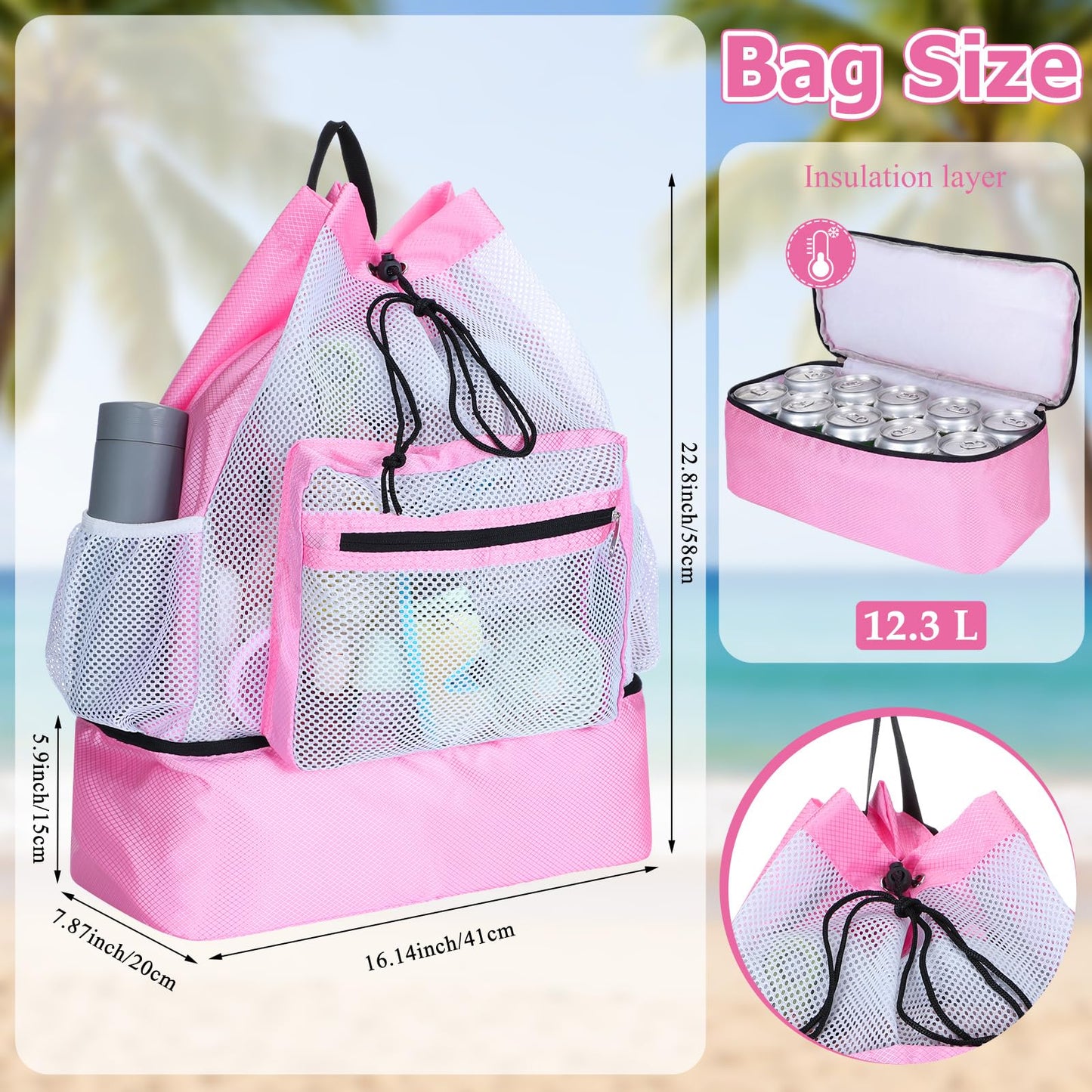 Pink Mesh Beach Drawstring Backpack with Cooler Beach Bags Sandproof Swim Bags Leakproof with Zipper for Seaside Pool Travel