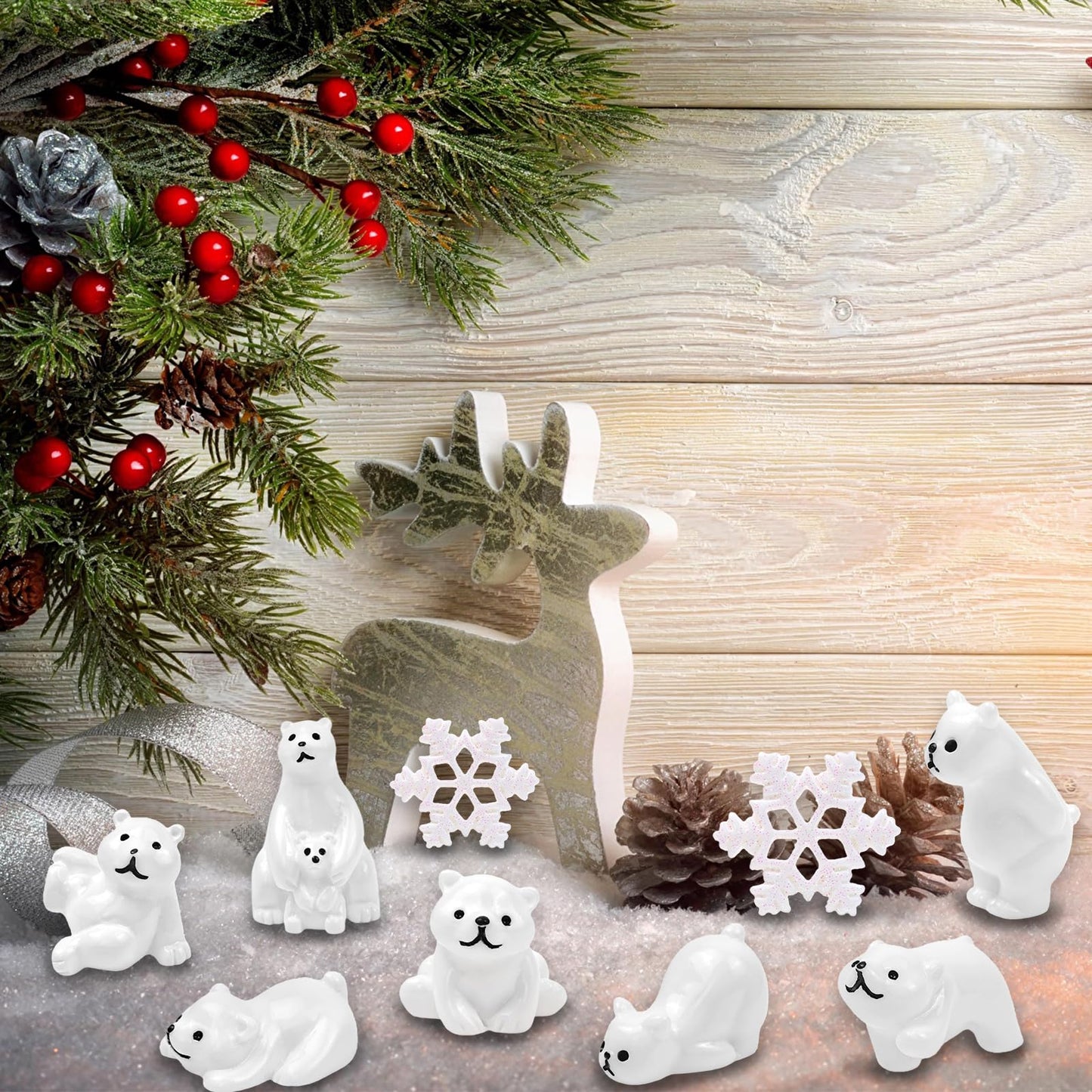 Feivando 40 Pcs Mini Resin Polar Bear Figurines with Snowflakes Tiny Little Winter Resin Animal Miniature Figures for Holiday Crafts Garden Micro Landscape Home Table Decor