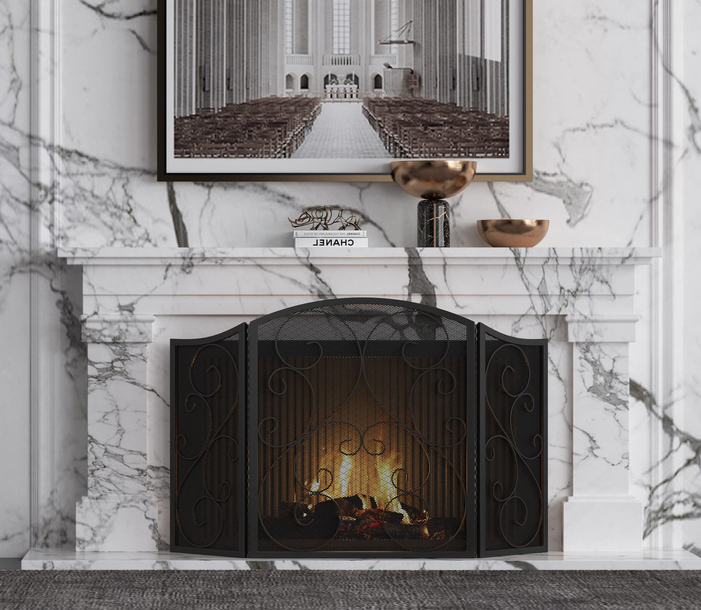 Fire Beauty Fireplace Screen 3 Panel Wrought Iron Metal 48"(L) x30(H) Spark Guard Cover(Black)