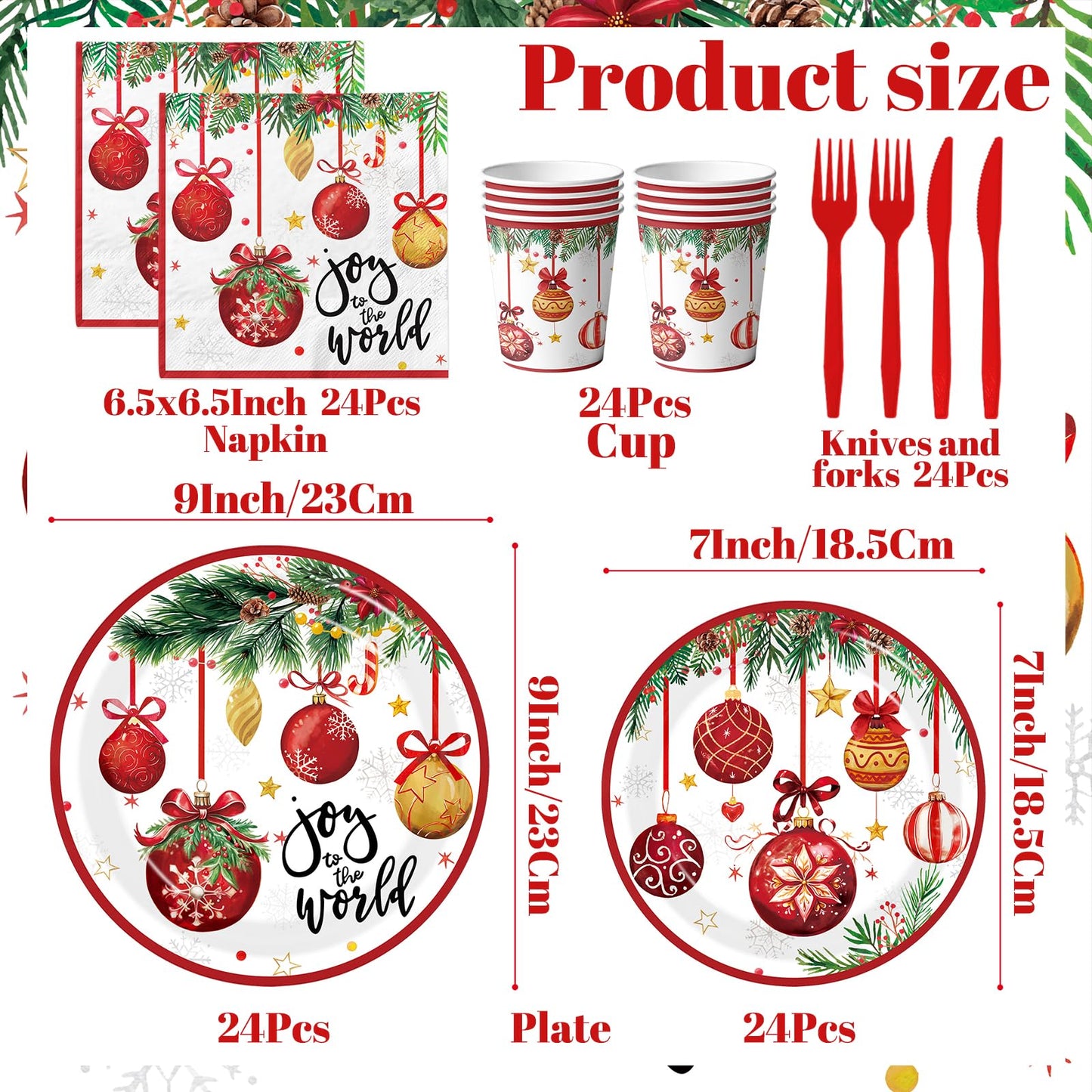 Joy To The World Christmas Tableware, 144Pcs Joy To The World Christmas Decorations includes Xmas Plates and Ball Napkins, Happy Holiday Plates and Napkins for Xmas Holiday Party