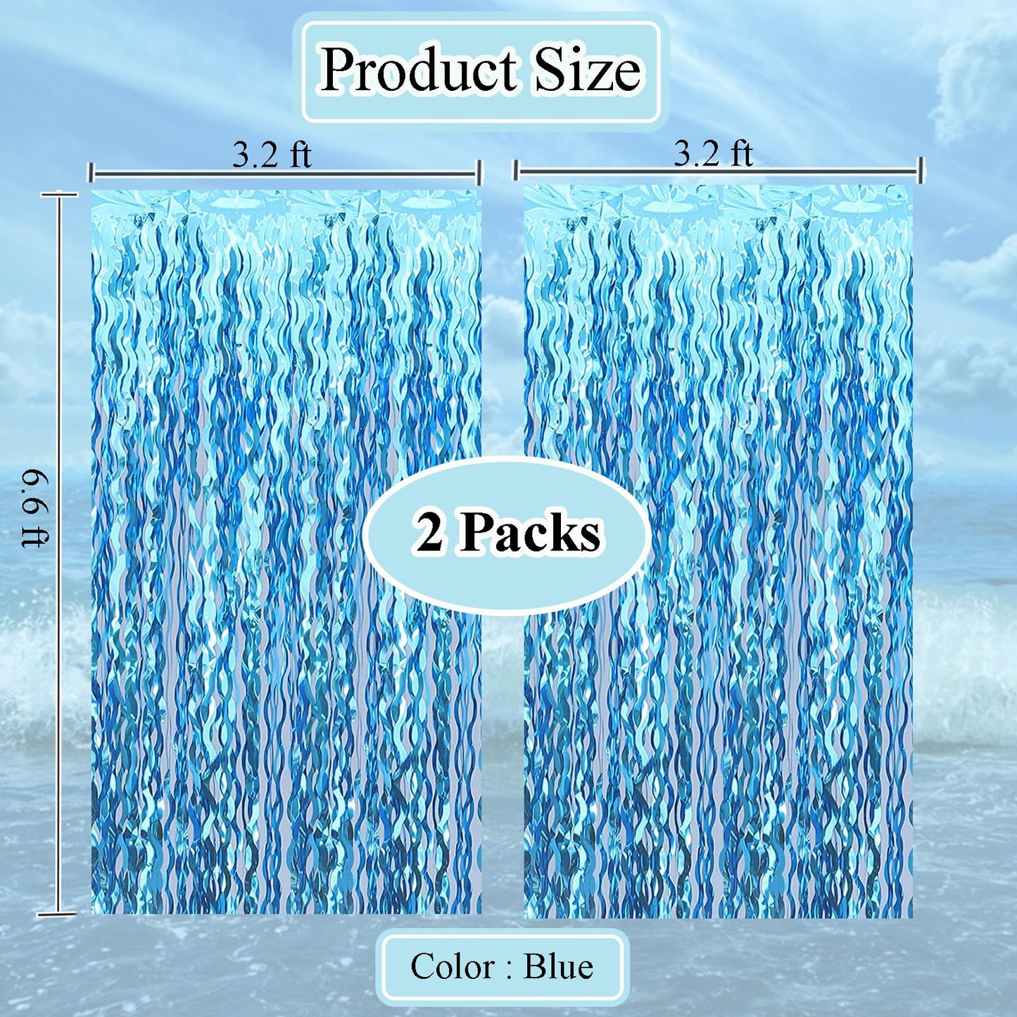 Wavy Tinsel Foil Fringe Curtains Teal Blue Streamers Backdrop for Ocean Themed Party Blue Birthday Under The Sea Party Decorations(2 Pack,3.2 ft x 6.6 ft)
