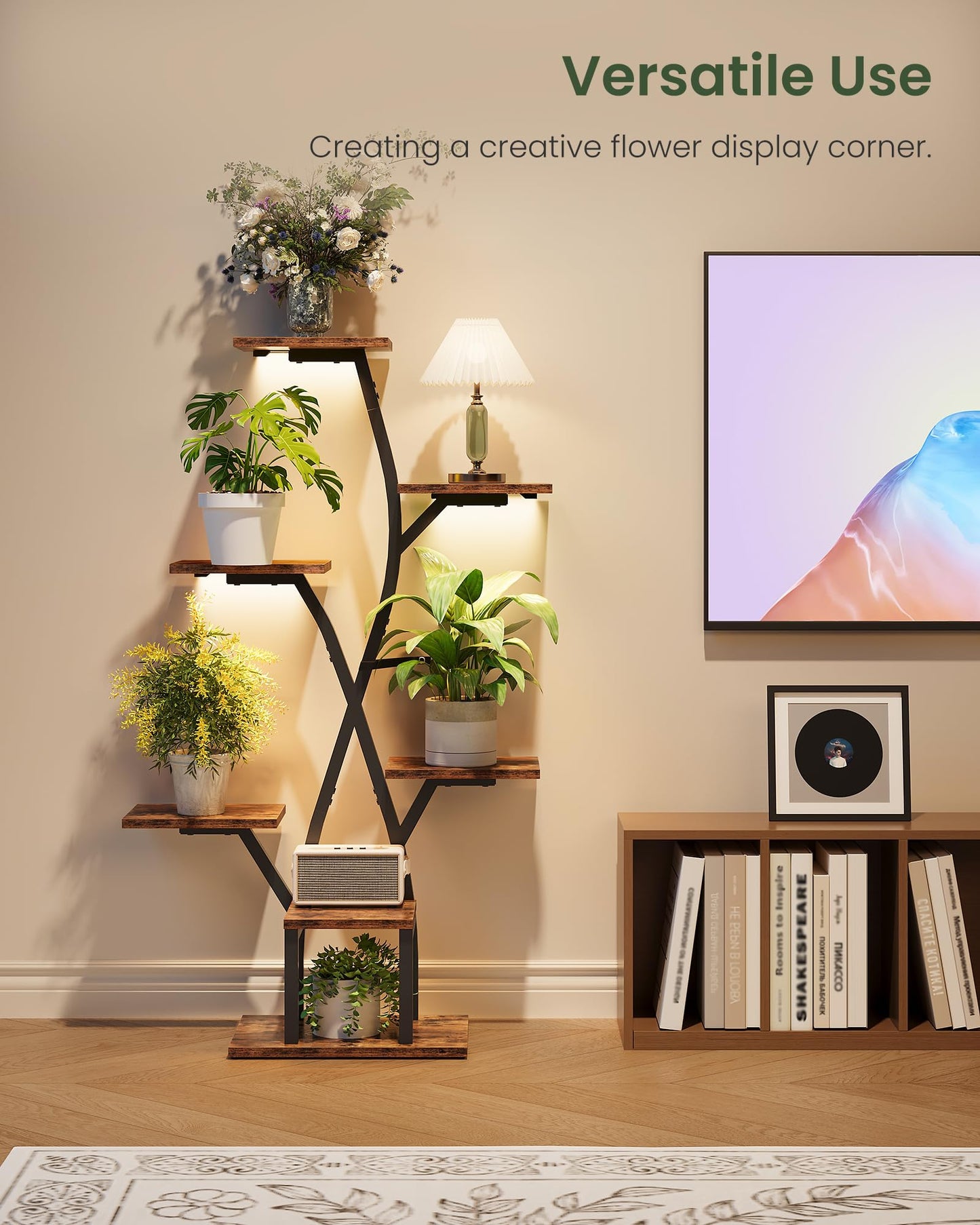 CHOEZON Plant Stand Indoor with Grow Light, 7-Tier Flower Plant Holder, 46.5” Tall Corner Plant Display Rack, Dimmable Grow Light with Timer, Rustic Brown and Black TCJ40DBF