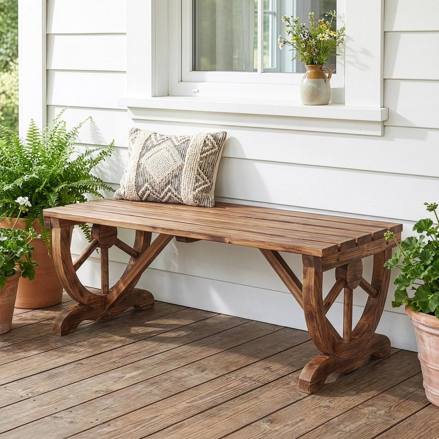 Outvita 39'' Outdoor Wooden Bench, 2-Person Rustic Wagon Wheel Bench with Slatted Seat and Carbonized Fir Wood Construction, Weather-Resistant Garden Bench for Patio, Porch and Backyard(Light Brown)