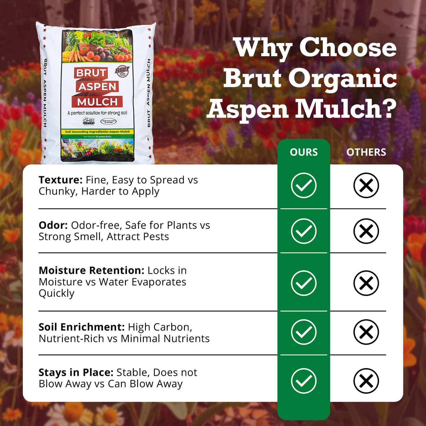 Brut Organic Aspen Mulch 10 QT – Natural Moisture Retainer & Root Protector – Odor-Free, Nutrient-Rich Bark Mulch for Landscaping, Garden Beds & Potted Plants