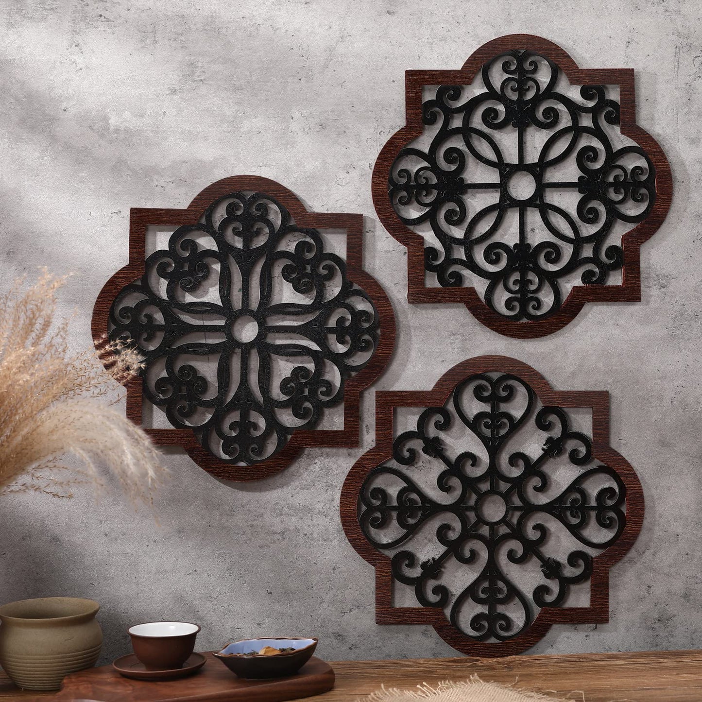 Zhanmai 3 Pieces Thicken Rustic Wood Wall Decor Farmhouse Geometric Wall Art Farmhouse Hanging Decoration for Living Room Bedroom Home Indoor Outdoor Office, 12 x 12 Inch, Brown