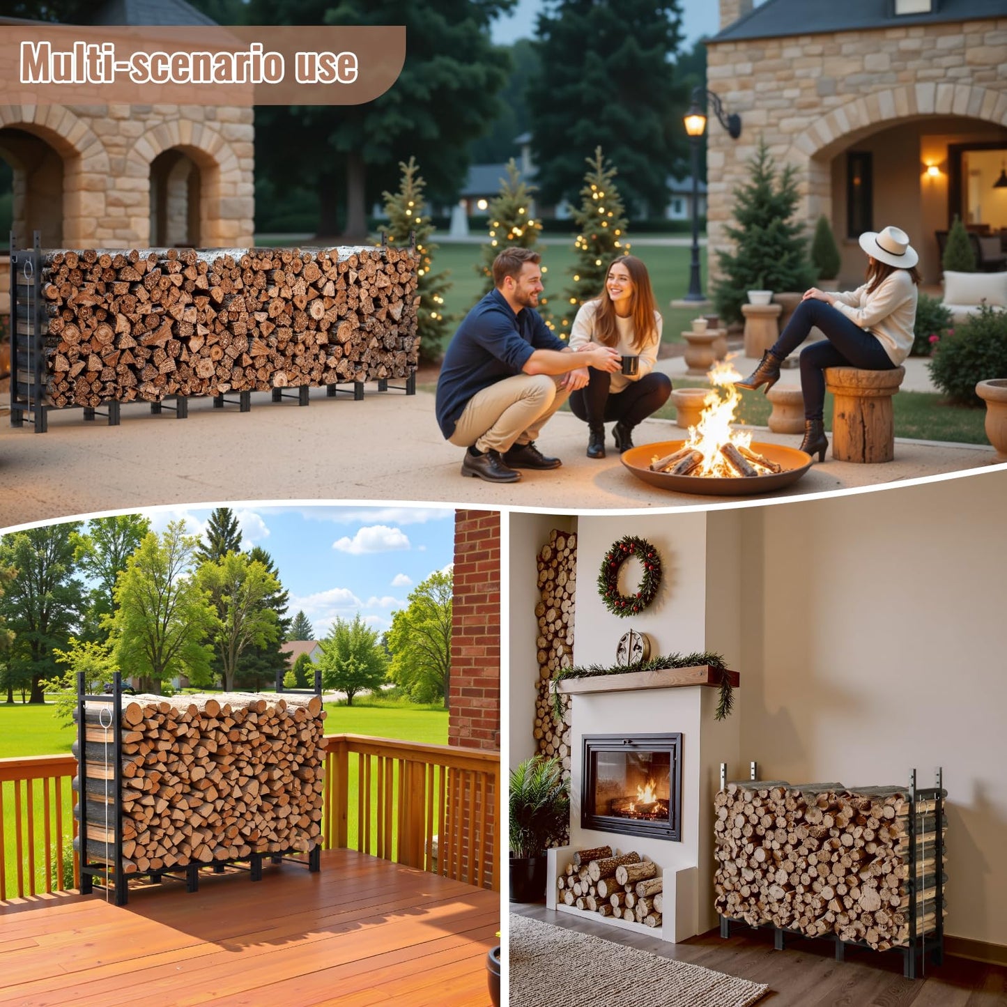 Benass 8FT Outdoor Firewood Rack, Heavy Duty Fire Log Stacker Stand for Wood Storage, Firewood Holder with Outdoor Indoor Firewood Carrier for Fireplace, Patio