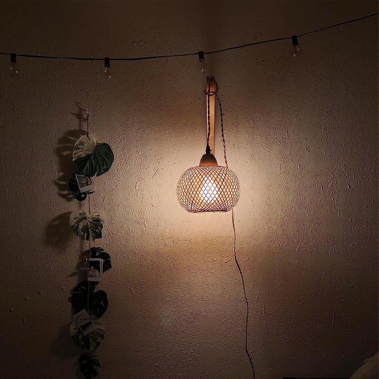 Frideko Bamboo Lantern Plug in Wall Sconces Wicker Wall Lamp with Plug in Cord Hand Woven Rattan Wall Light Farmhouse Rustic Wall Sconces Boho Sconces Wall Lighting for Living Room Bedroom