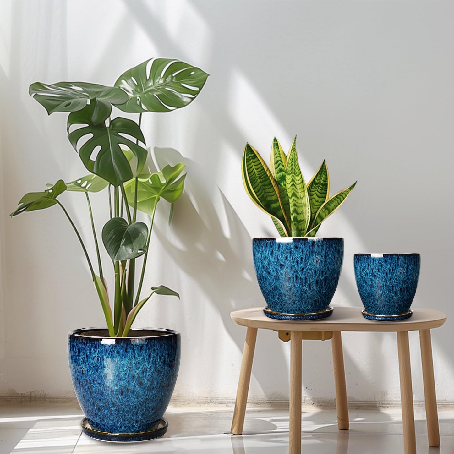 EPFamily Plant Pots Indoor, Ceramic Planters Pots with Drainage Holes and Saucers, 10+8+6 Inch, Set of 3, Round Large Flower Pots for Indoor Outdoor Plants, Blue