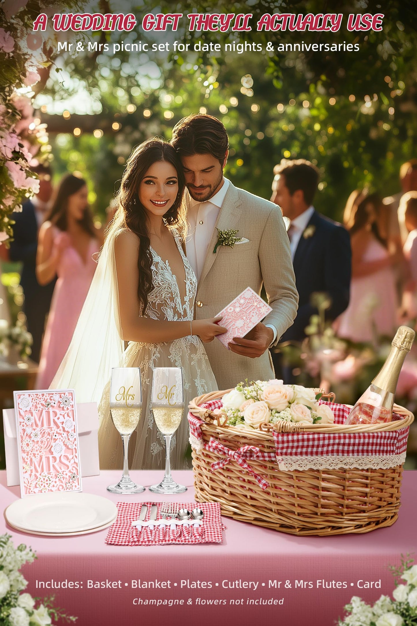 Wedding Gift Picnic Basket for 2 with Waterproof Blanket, Plates, Cutlery Mr and Mrs Glasses, Oval Wicker Hamper with Red Gingham Liner for Engagement, Bridal Shower and Anniversary Dates
