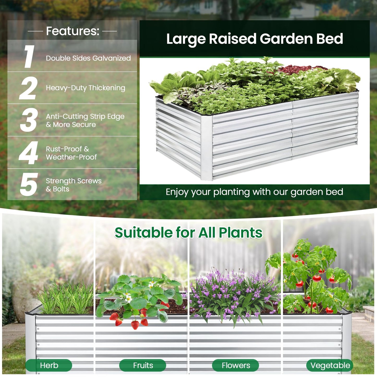 6x3x2FT Raised Garden Bed Kit, Galvanized Planter Raised Garden Boxes Outdoor w/Anti Cutting Strip & A pair of gloves, Deep Root Raised Planter for Vegetables, Fruits, Flowers and Herbs, Silver