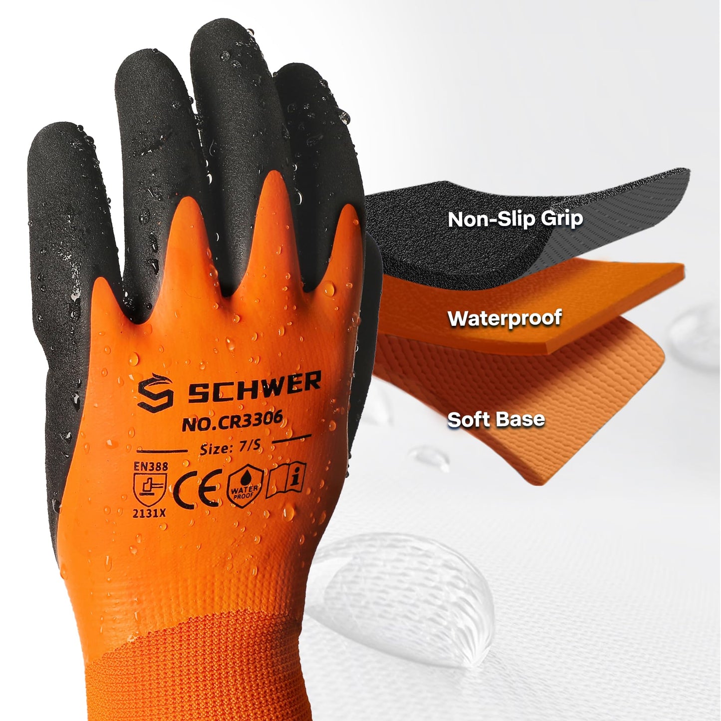 Schwer 2 Pairs Waterproof Work Gloves for Men and Women CR3306, Gardening Gloves with Double Latex Coated, Non-slip Working Gloves, Outdoor Construction, Car and Fish Cleaning, No Fleece Lining, L