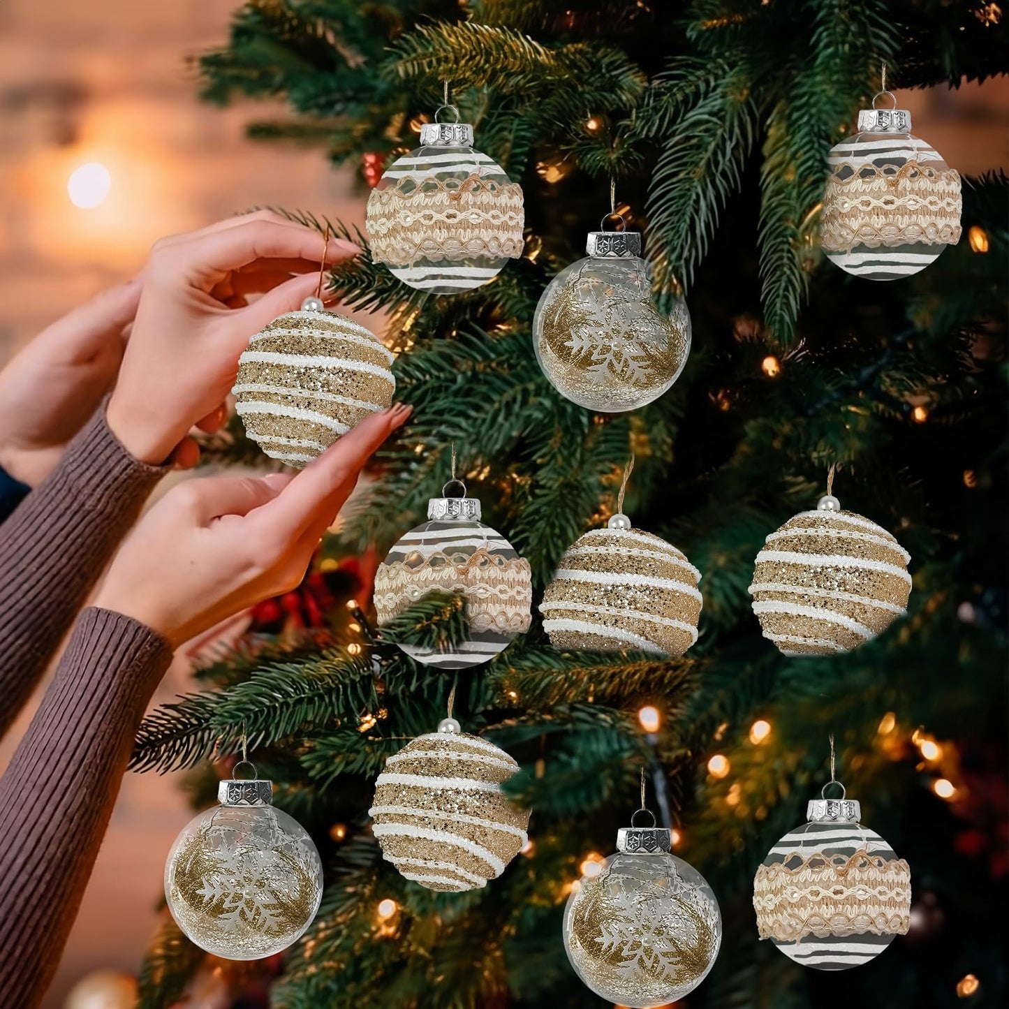 MuRealy Champagne Ornament Set - 9 PCS 3.15 Inch Shatterproof Glitter Hanging Balls - Plastic Decor Balls for Holiday Party, Christmas Tree (8cm)