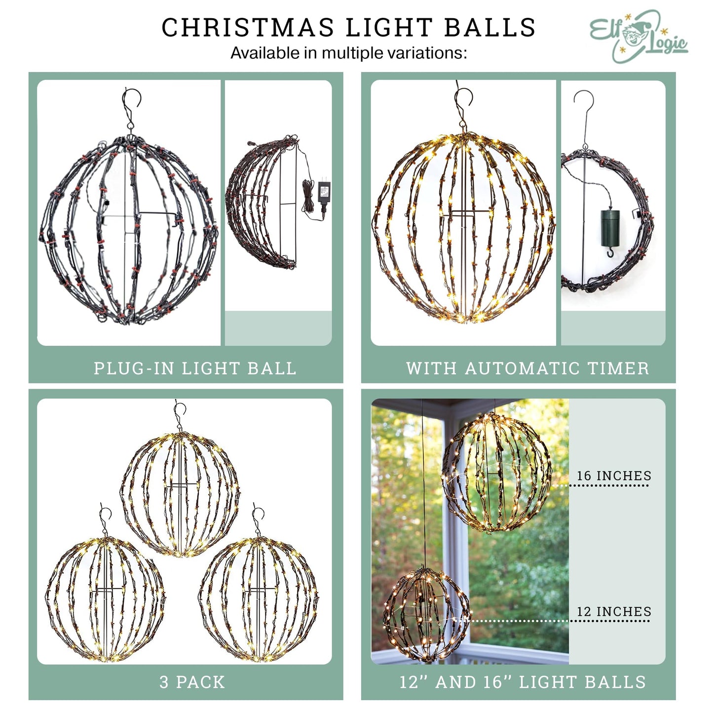 Elf Logic 3 Pack 16” Outdoor/Indoor LED Christmas Light Balls. Durable, Waterproof, Long-Lasting, Lightweight Bright Light Ball. Warm LED Lights for Holiday Decor, Patio, Wedding Decor