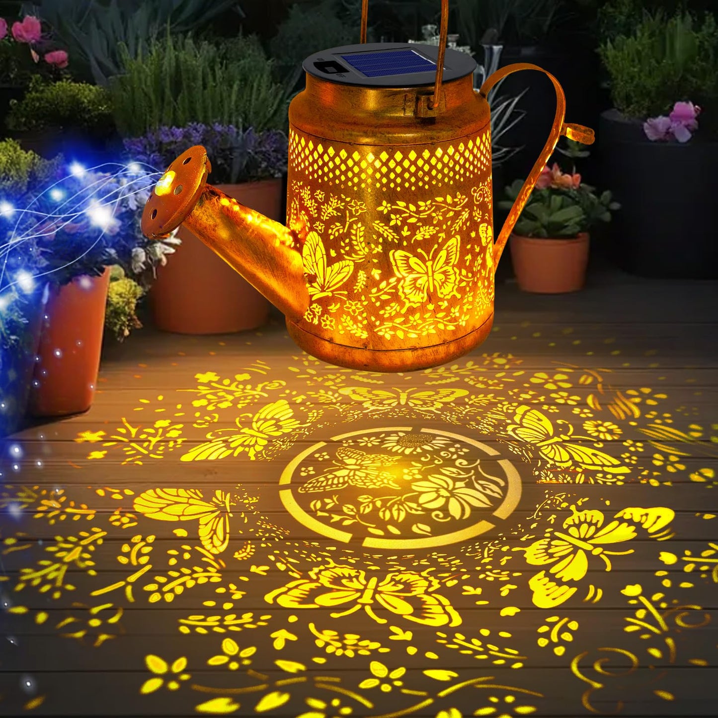 ANGMLN Butterfly Solar Lights Outdoor Waterproof, Solar Watering Can Lights with Shepherd Hook, Metal Hanging Lantern Garden Decor Yard Outside Patio Lawn, Gifts for Mom Grandma Women Birthday