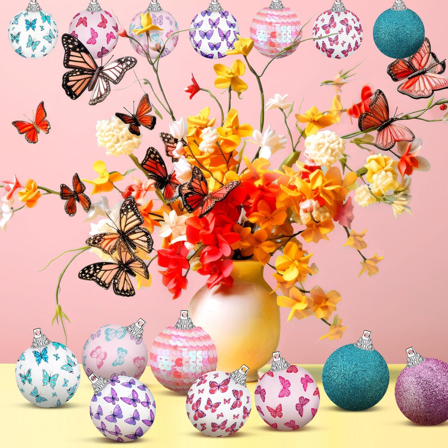 Zeyune 16 Pcs 1.97 Inch Spring Tree Ornaments Summer Butterfly Decorations for Small Tree Hanging Seasonal Holiday Balls Ornaments