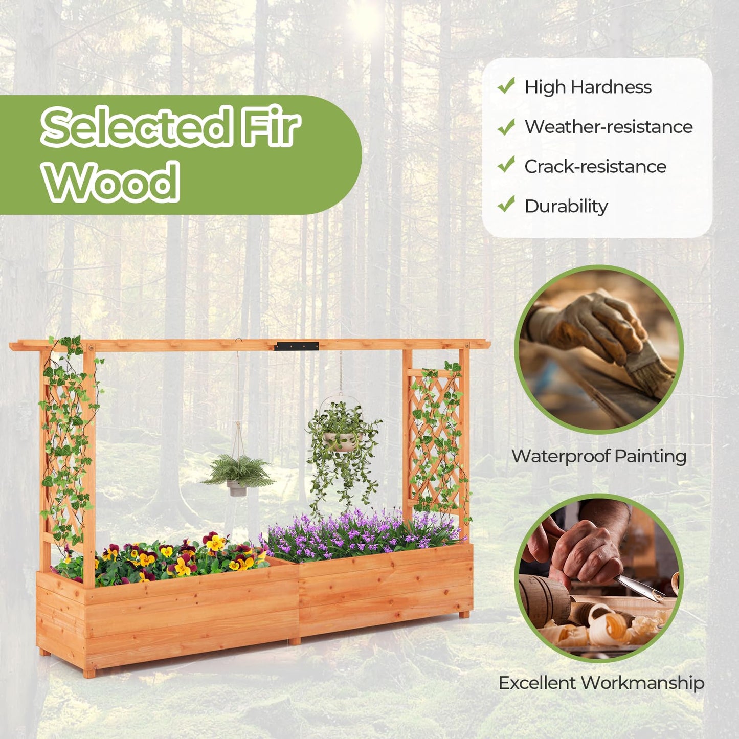HAPPYGRILL Raised Garden Bed with Trellis, Freestanding Wood Planter Box w/Hanging Roof & 8 Drainage Holes for Vine, Climbing Plants, Flowers, Outdoor Planter with Trellis for Garden, Patio, Yard