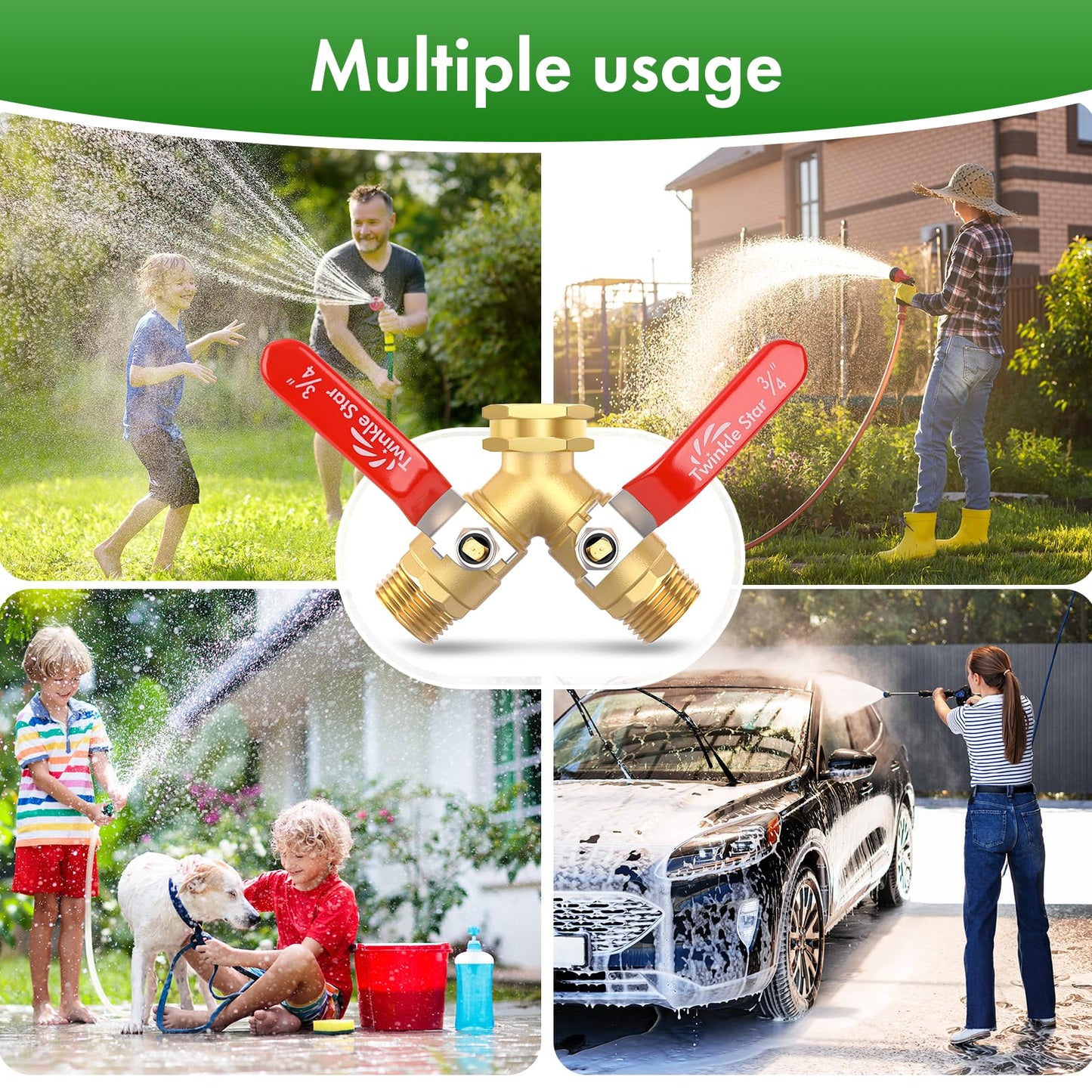 Hose Splitter 2 Way, Twinke Star Upgraded Heavy Duty Brass Garden Hose Splitter with Long Handle,3/4 Inch GHT Thread Y Connector Brass Garden Hose Adapter