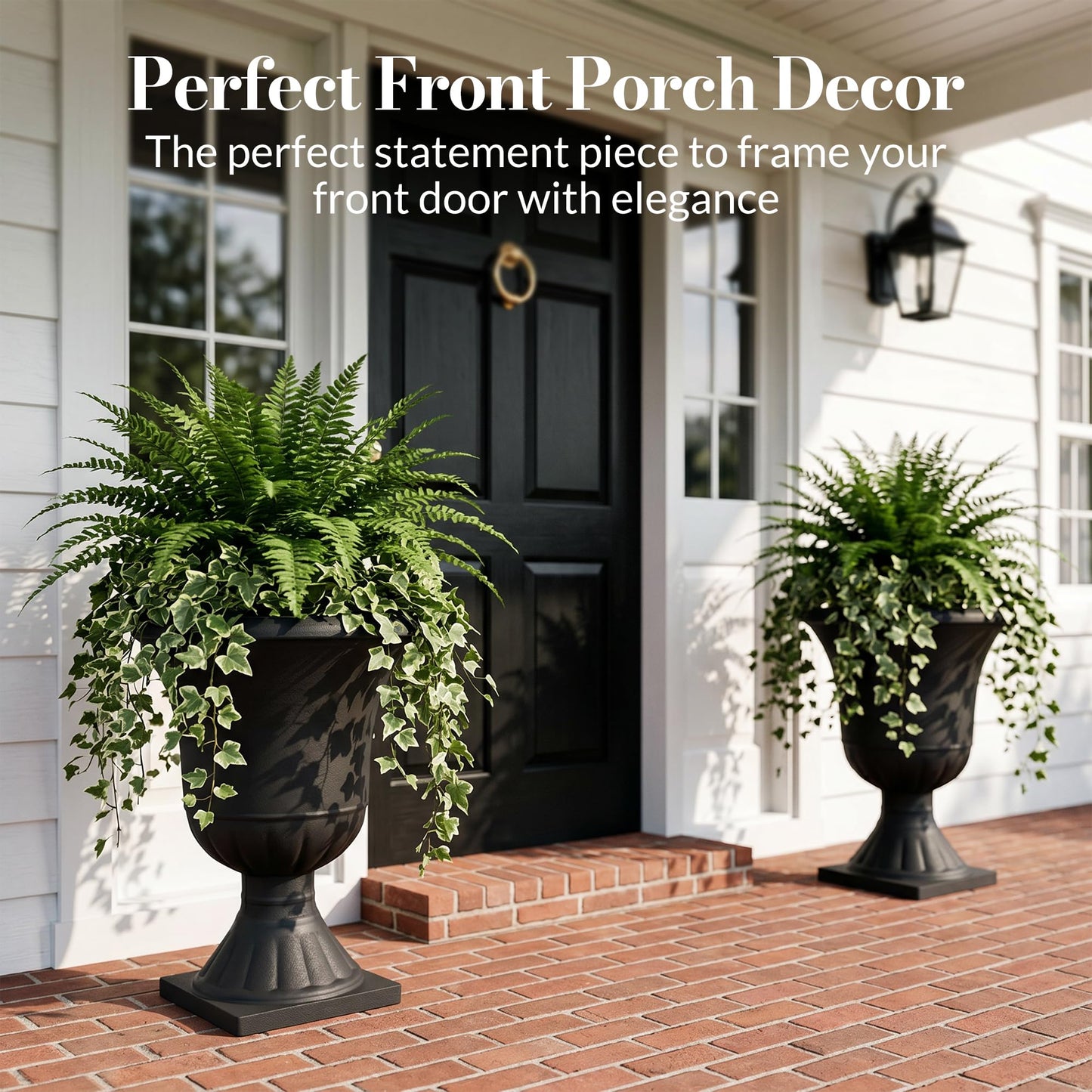 Worth Garden 2-Pack Plastic Urn Planters for Outdoor Plants, 22'' Black Tall Round Classic Resin Traditional Flower Pots - 15 in. Dia. Large Imitation Stone Decorative Pot Patio Deck Front Porch