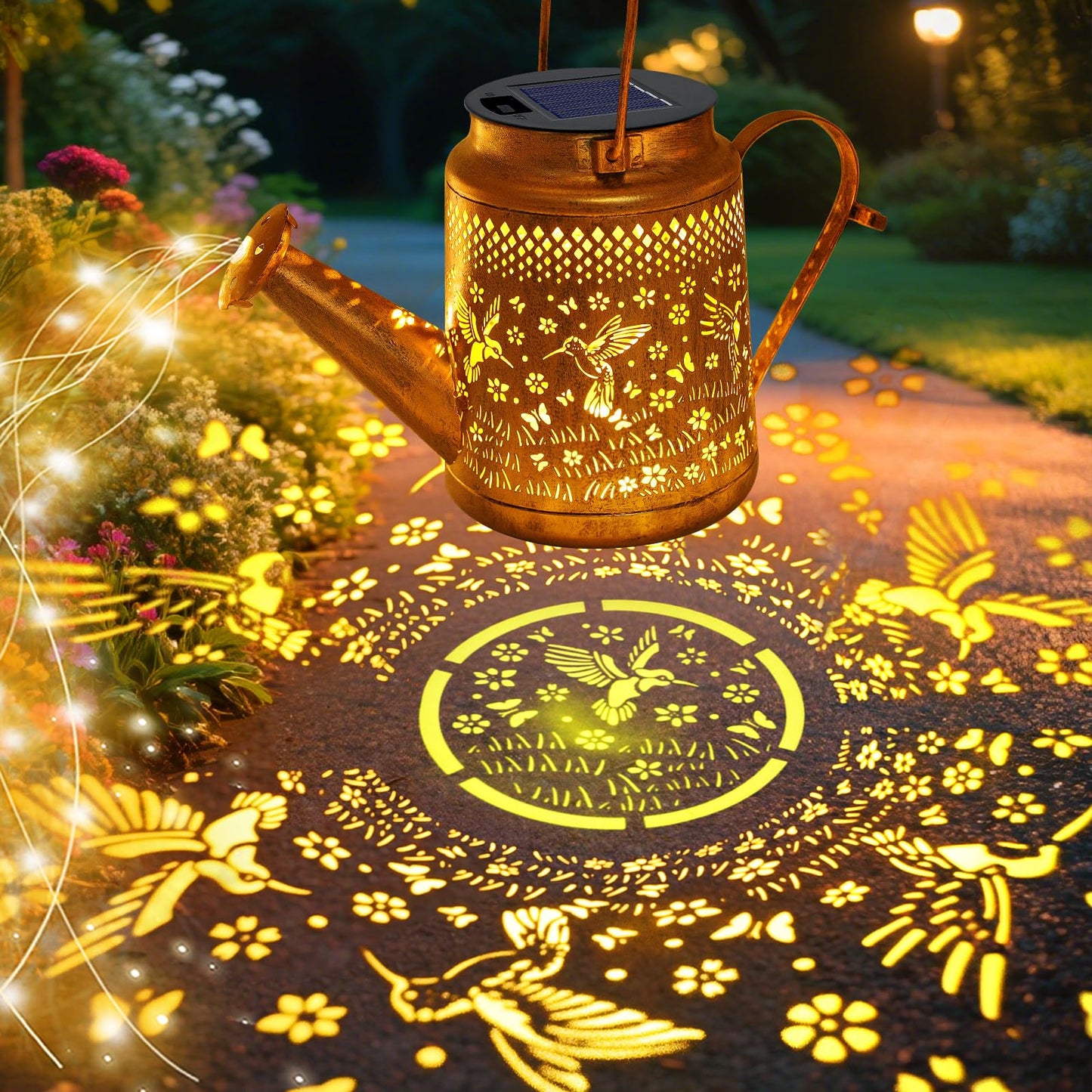 VOOKRY Solar Lights Outdoor Waterproof, Hummingbird Retro Metal Solar Watering Can Lights, Gifts for Women Mom Grandma Mother's Day, Hanging Lantern Decorative Garden Decor for Outside Yard Lawn Patio