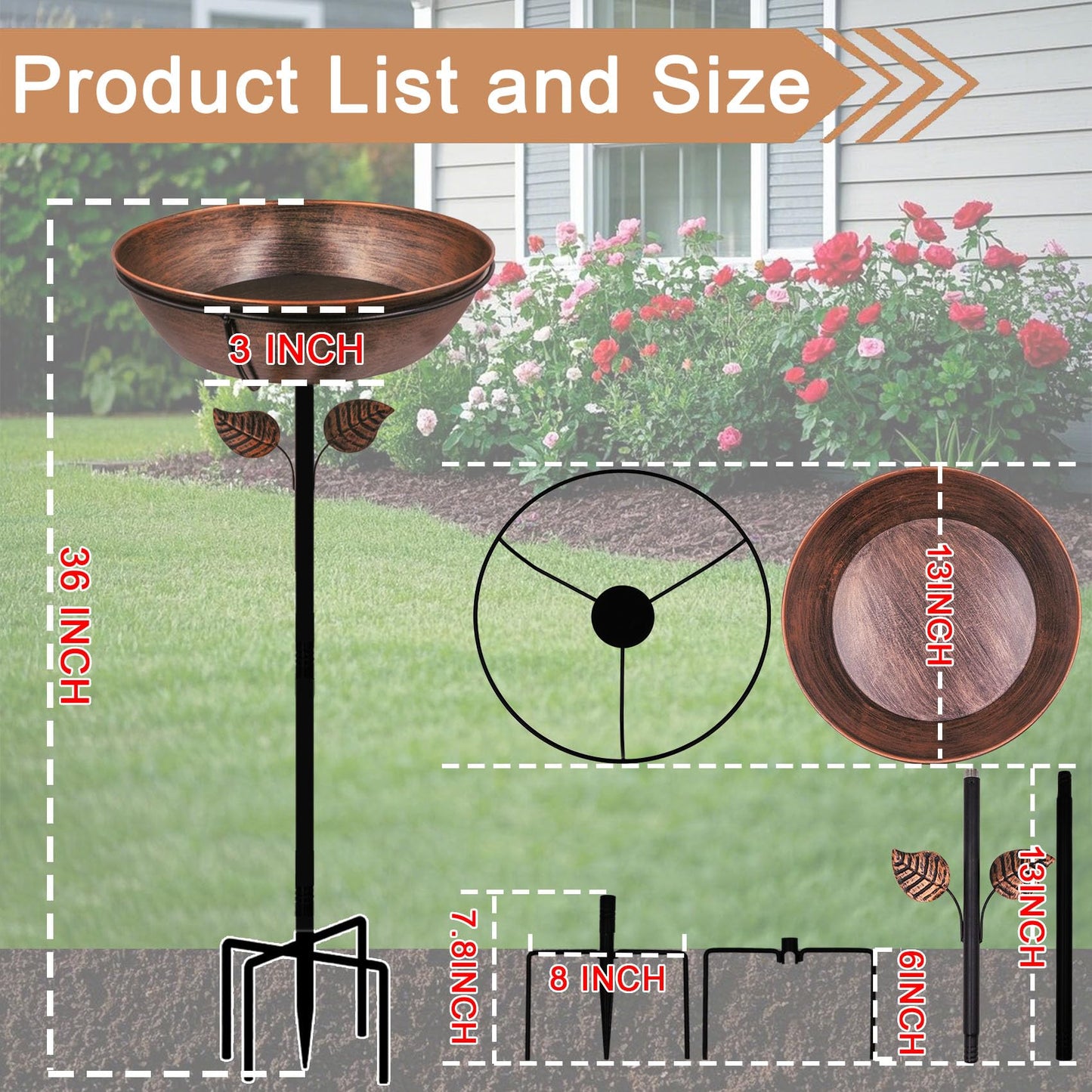 OUISJYER 3" Deep Metal Bird Bath for Outdoors, Removable 13" Dia Bowl with Stable Upgrades Stake, Easy to Clean Birdbaths for Garden Yard Lawn Decor 1.4 Gallon