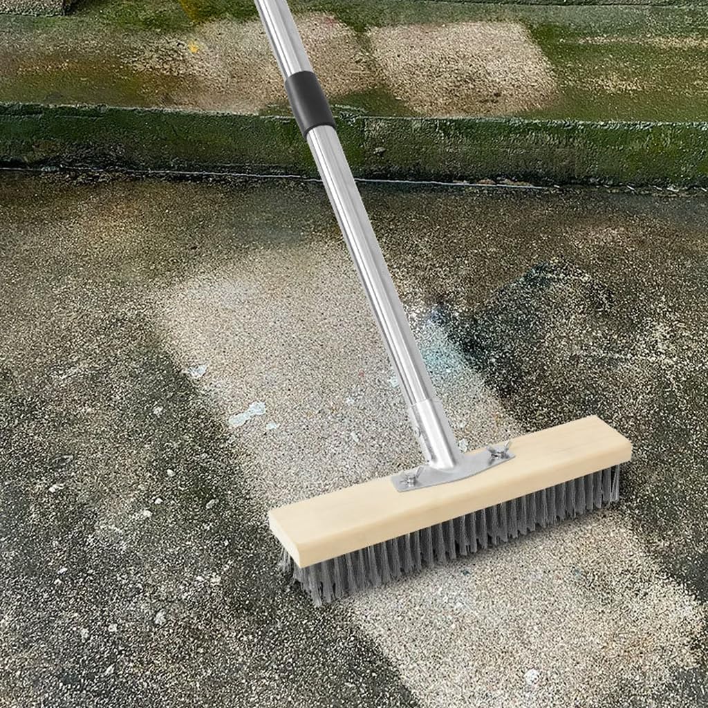 Heavy Duty Floor Scrubber,Deck Brush with Long Handle,56L''×12W Stainless Steel Wire Scrub Brush, Stiff Metal Bristle Scrubber Broom for Deck, Concrete, Patio Floor Cleaning Moss Removal