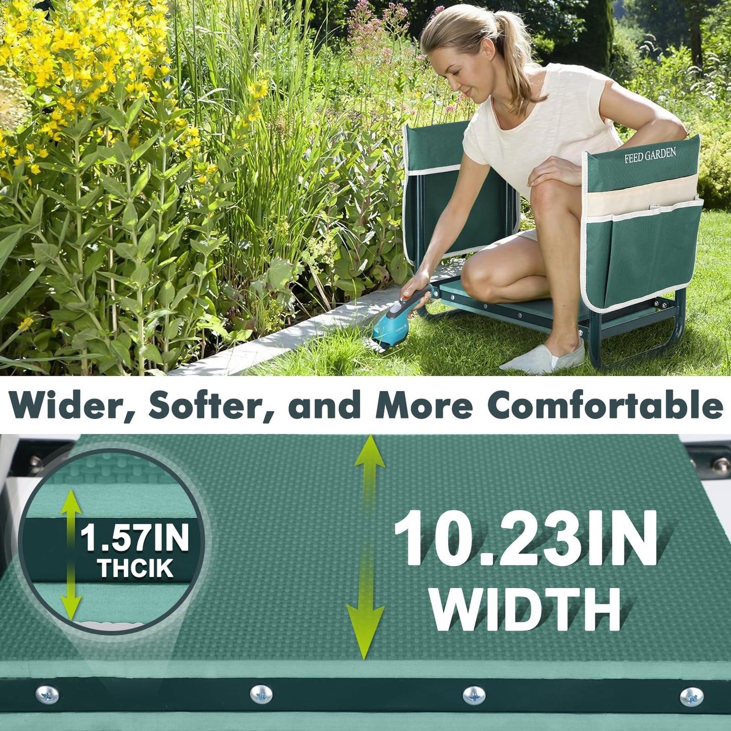 FEED GARDEN Garden Kneeler and Seat, Upgraded Foldable Gardening Stool with 10.23" Wide Kneeling Pad, Heavy Duty Gardening Bench Chair with 2 Tool Pouches, Gardening Gifts for Seniors Mom Women Men