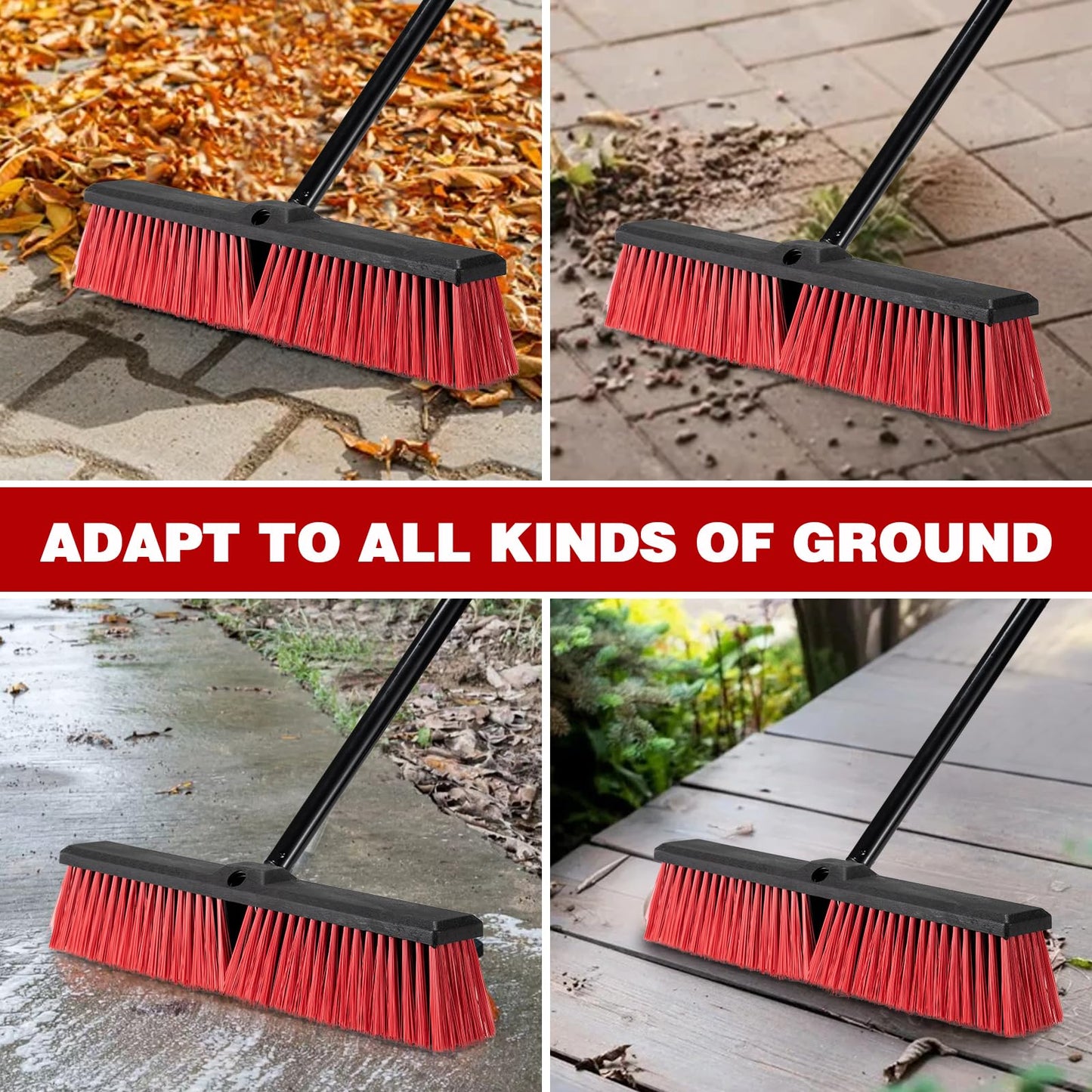 18 Inch Heavy Duty Push Broom Outdoor with 63" Long Handle Stiff Bristle Brush for Patio,Deck,Driveway,Garage,Yard,Warehouse&Concrete Floor Cleaning (Red)