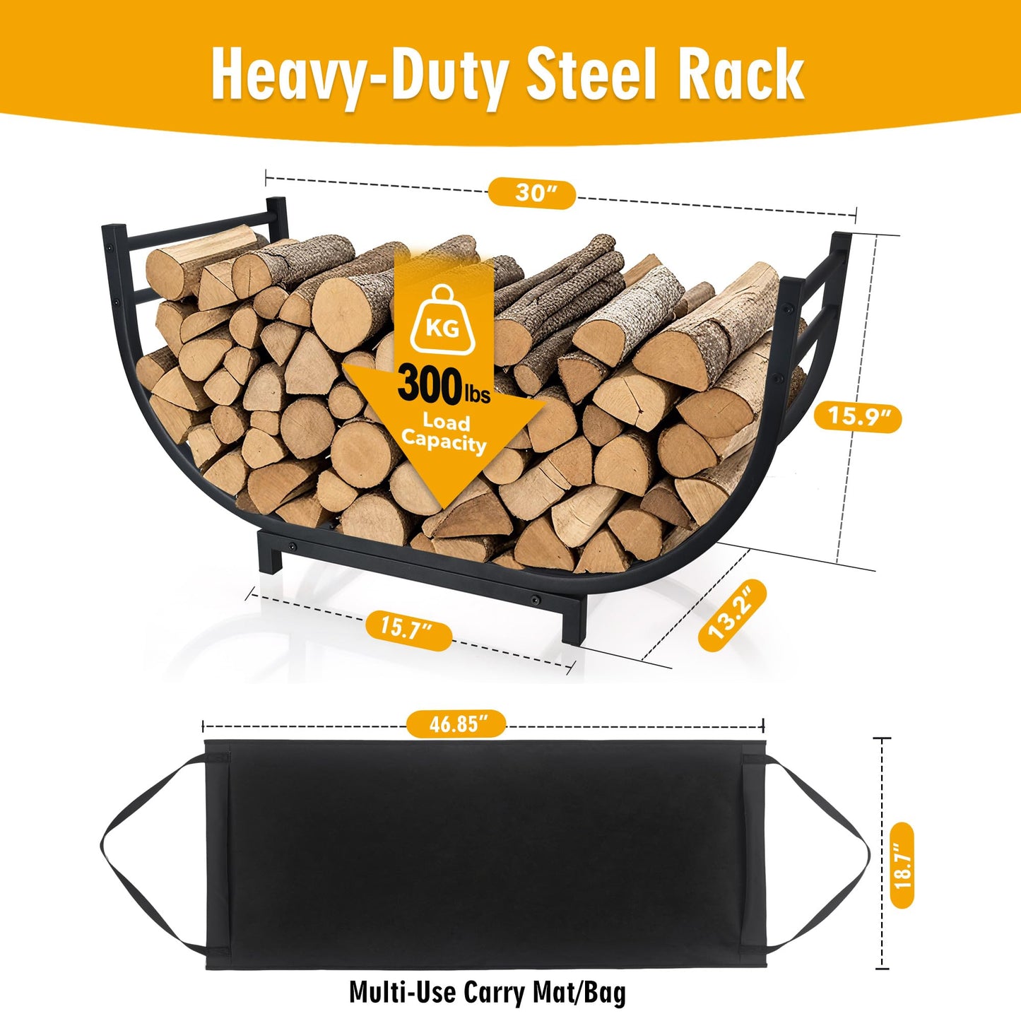 facka Curved Firewood Rack, Indoor Outdoor Log Firewood Holder, Metal Fireplace Wood Storage, Waterproof & Rustproof(Curved 30Inch Rack with Bag)