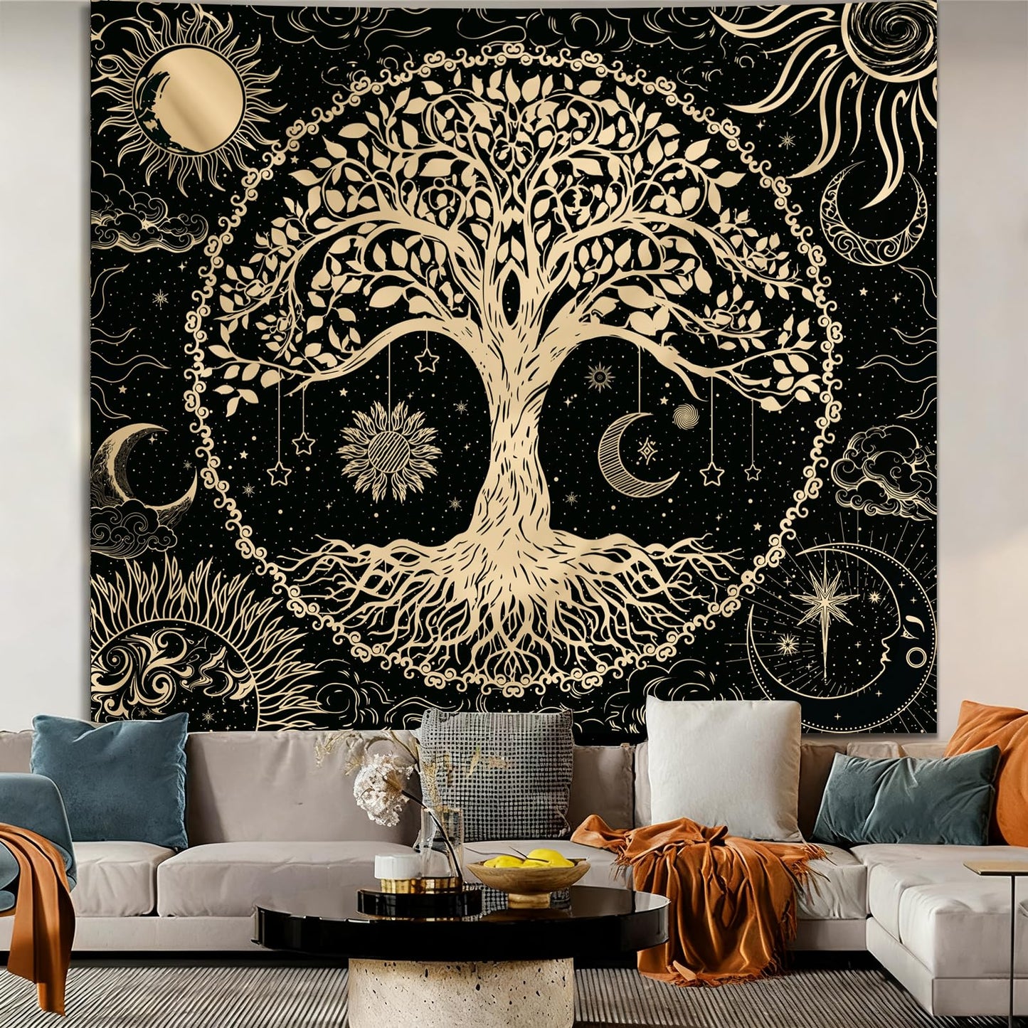 Avinyl Tree of Life Wall Tapestry for Bedroom, Sun and Moon Hippie Tapestries Aesthetic, Black and Gold Wall Hanging Home Decor for Dorm Living Room Office 51in x 60in