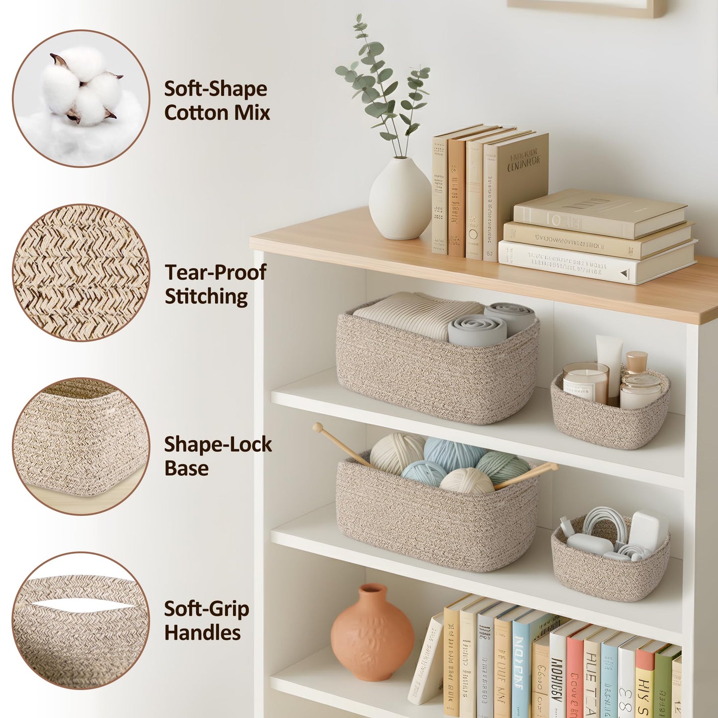 VIRETH HAUS 5-Pack Small Woven Rope Storage Baskets – 2 Sizes Organizer Bins for Closet, Shelf, Bookshelf, Nursery, Changing Table, Fabric Cube Boxes, Rectangular Shallow Bins for Bathroom, Toy & Home