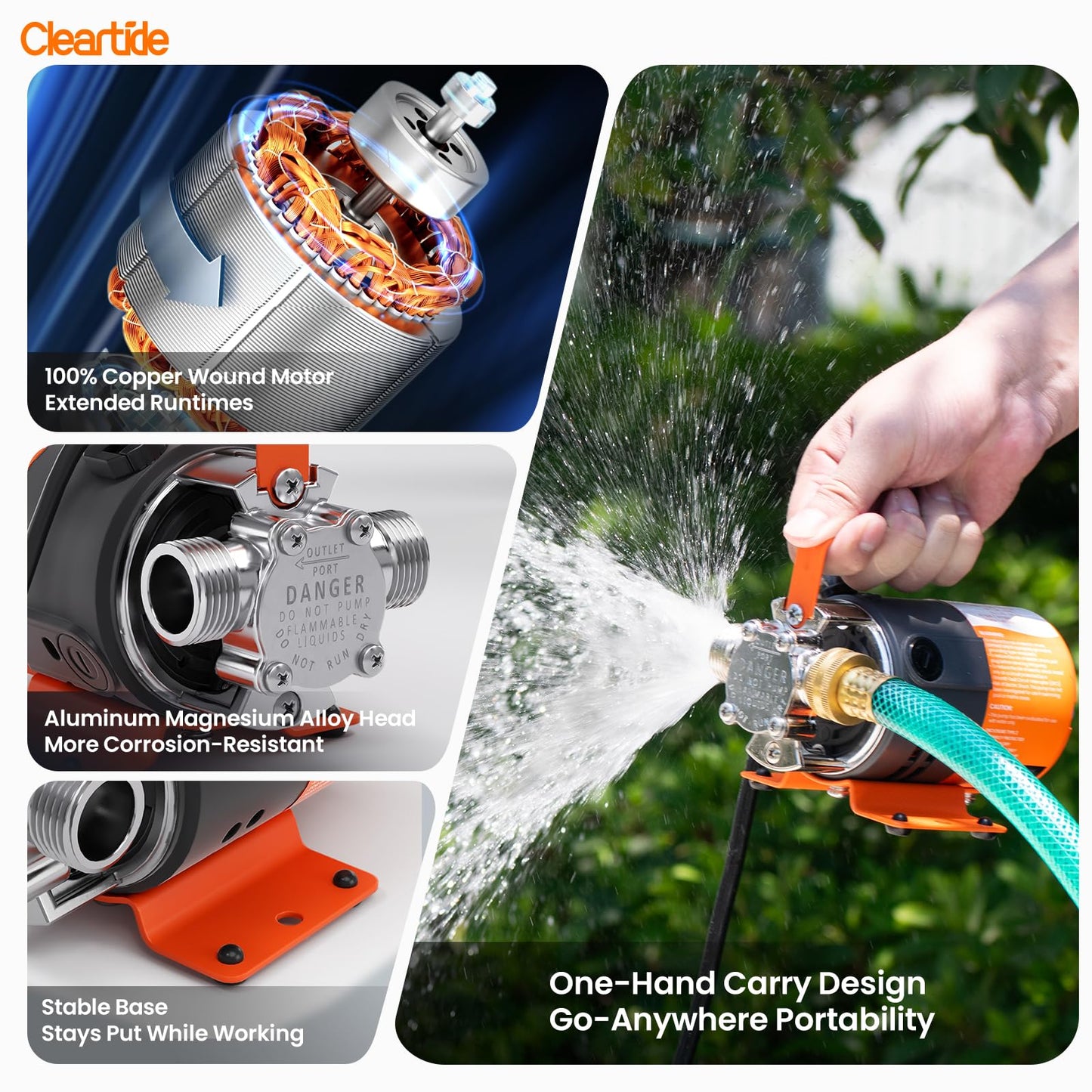 Cleartide Water Transfer Pump 115V, 1/10HP 380GPH Utility Water Pump Electric With 6ft Suction Hose Kit, Portable Small Water Pump For Pool Draining, Removing Water From Rain Barrel, etc.