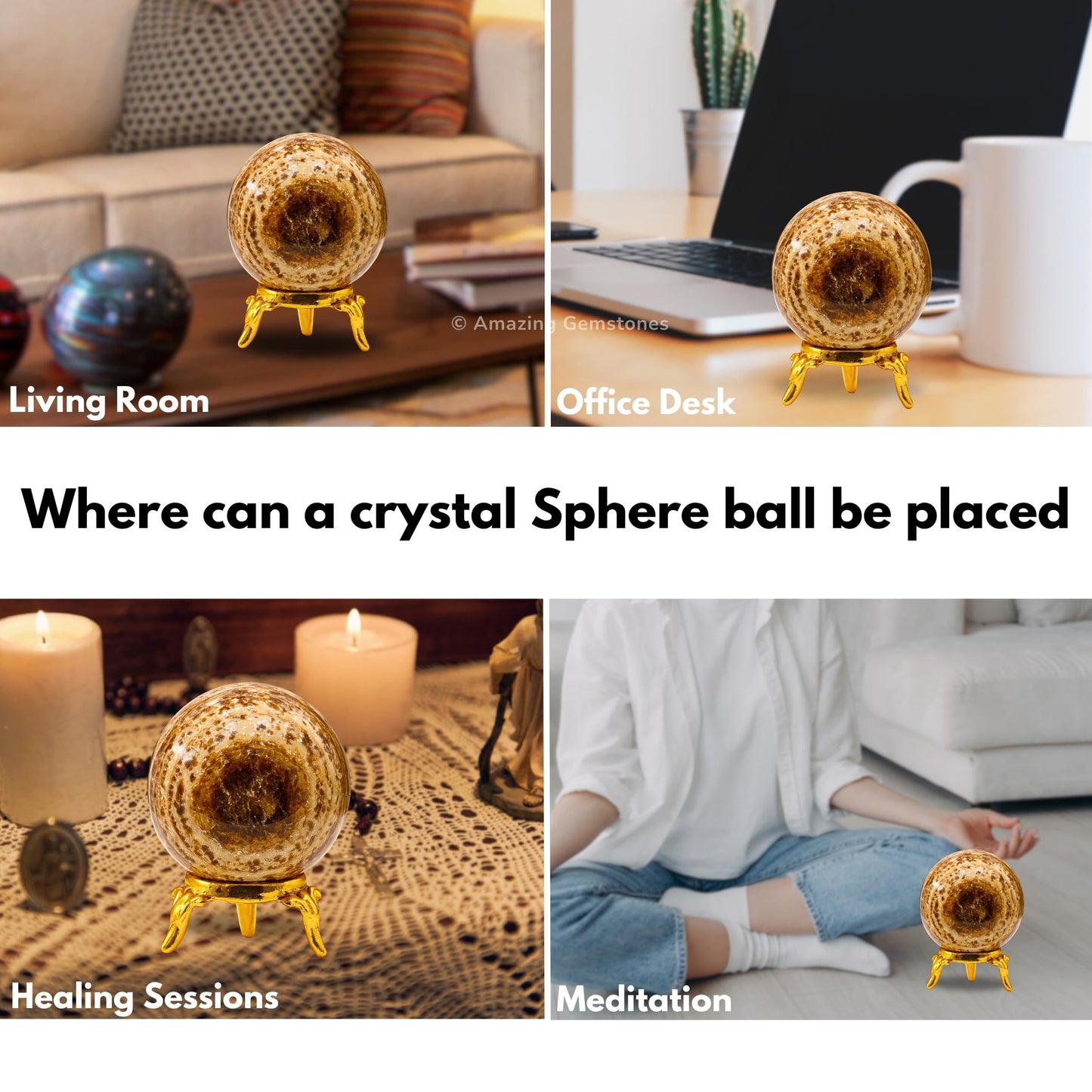 Amazing Gemstone Aragonite Crystal Ball with Stand - 2" Inches Crystal Sphere Meditation Balls for Witchcraft and Decorative Balls