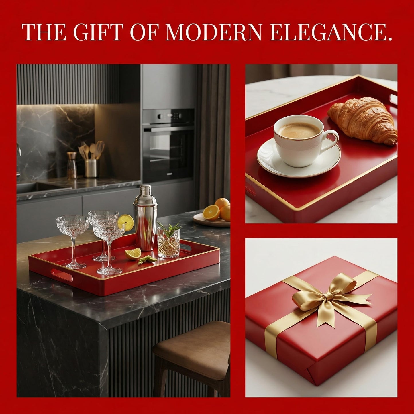 Umisriro Red Decorative Tray, Rectangular Serving Tray with Handles, Plastic Coffee Table Tray for Ottoman, Living Room, Kitchen Tabletop, 15.6” x 10.2” x1.37”
