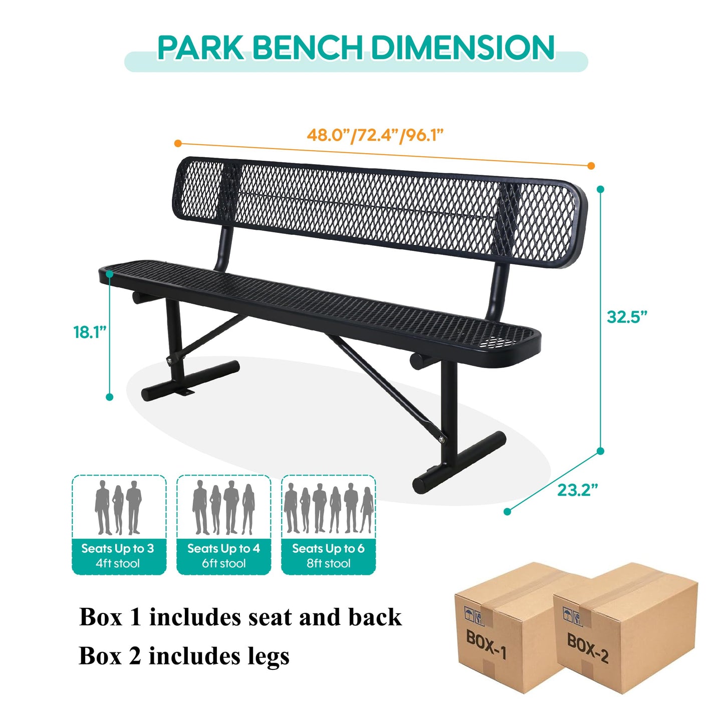 Choosilay 4/6/8 Feet Park Bench for Outside Heavy Duty Metal, Garden Benches Outdoor Bench with Backrest & Portable Frame, for Shopping Malls Stores Parks Patios Decks, Black