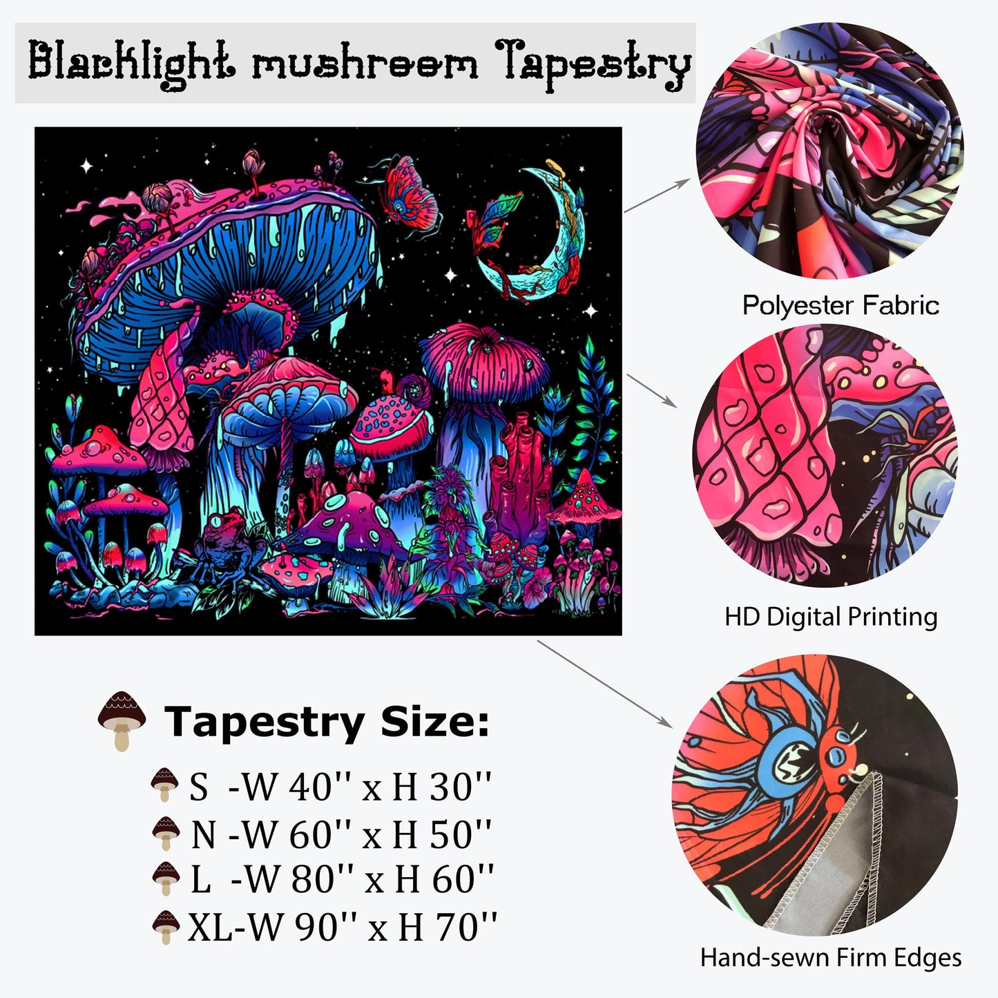 TUGCAY Blacklight Mushroom Tapestry, Glow In The Dark Tapestry Black Light Plant Fantasy UV Reactive Mushroom Butterfly Moon Tapestries Posters Wall Hanging for Bedroom Dorm Decor(50"x60")