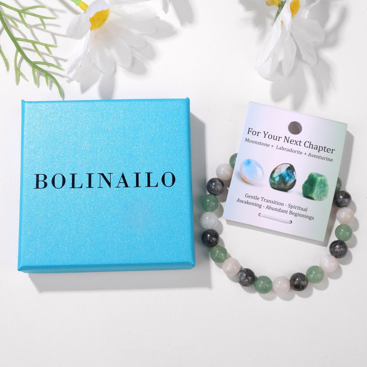 Bolinailo Healing Crystal For Your Next Chapter Bracelet 8mm Crystal Beaded Bracelet for Women Men Natural Stones of Moonstone, Labradorite and Aventurine Handmade Gemstone Reiki Spiritual Jewelry Gifts
