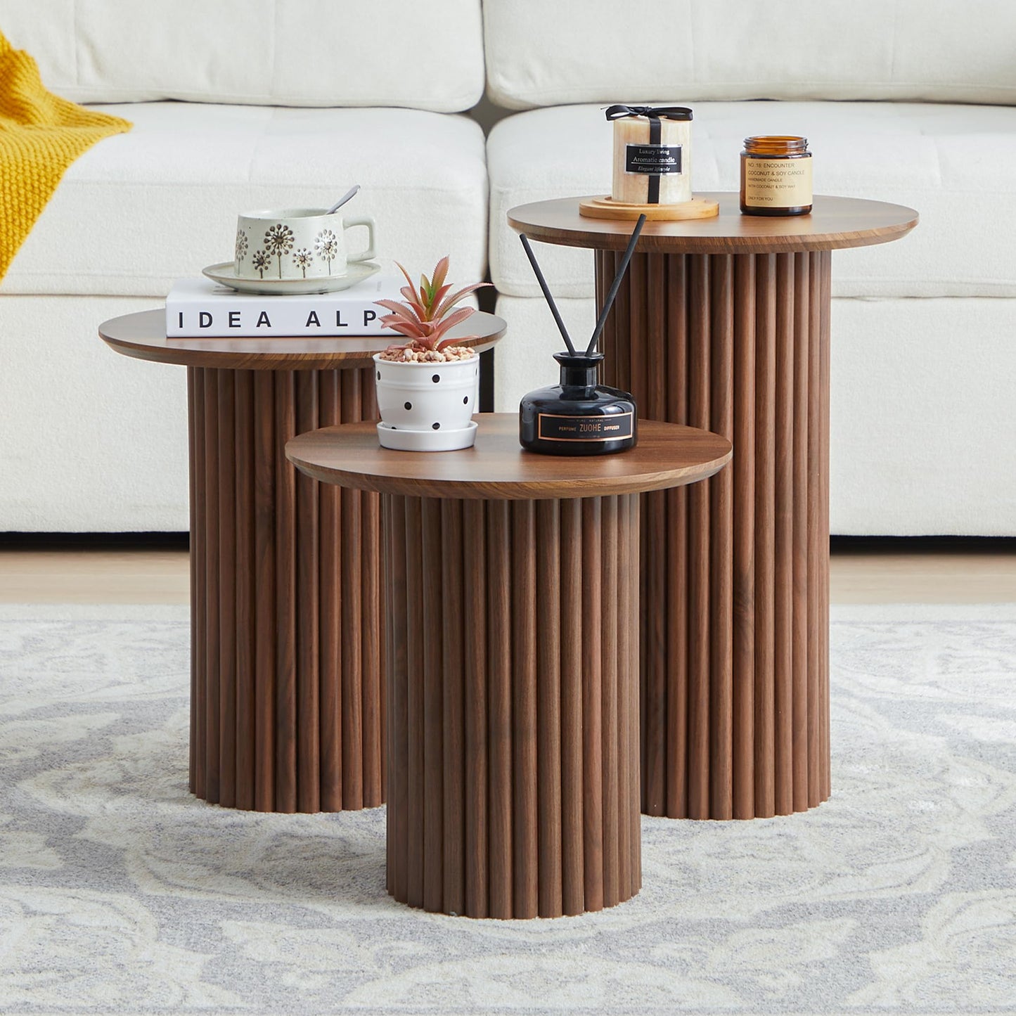 Bifins Round Nesting Coffee Table Set of 3,Mid Century Modern Fluted Coffee and End Table Set,Small Circle Wooden Side Table Drink Table for Living Room (Walnut)