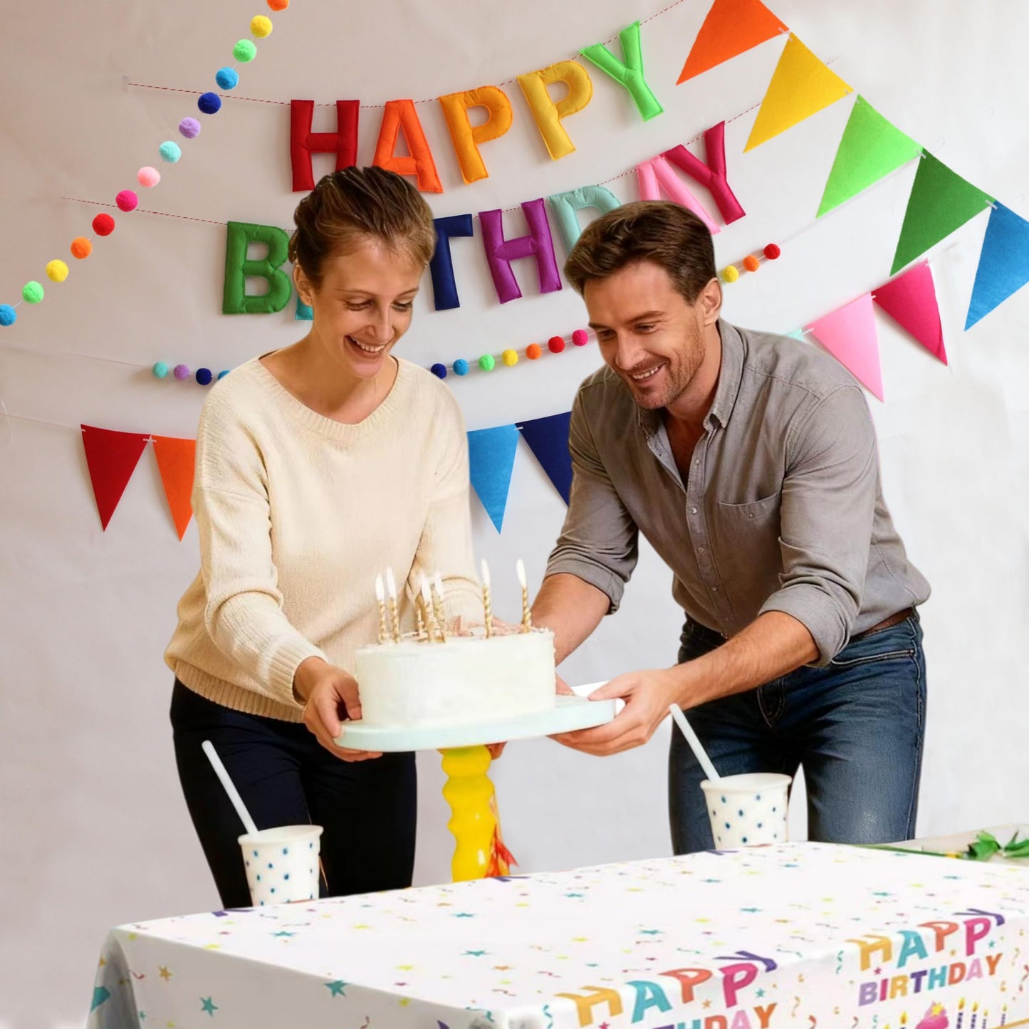 6.3 Inch Large Felt Happy Birthday Banner - Pre-Strung Rainbow Fabric Garland, Reusable Happy Birthday Sign for All Ages Party Decorations (Rainbow)