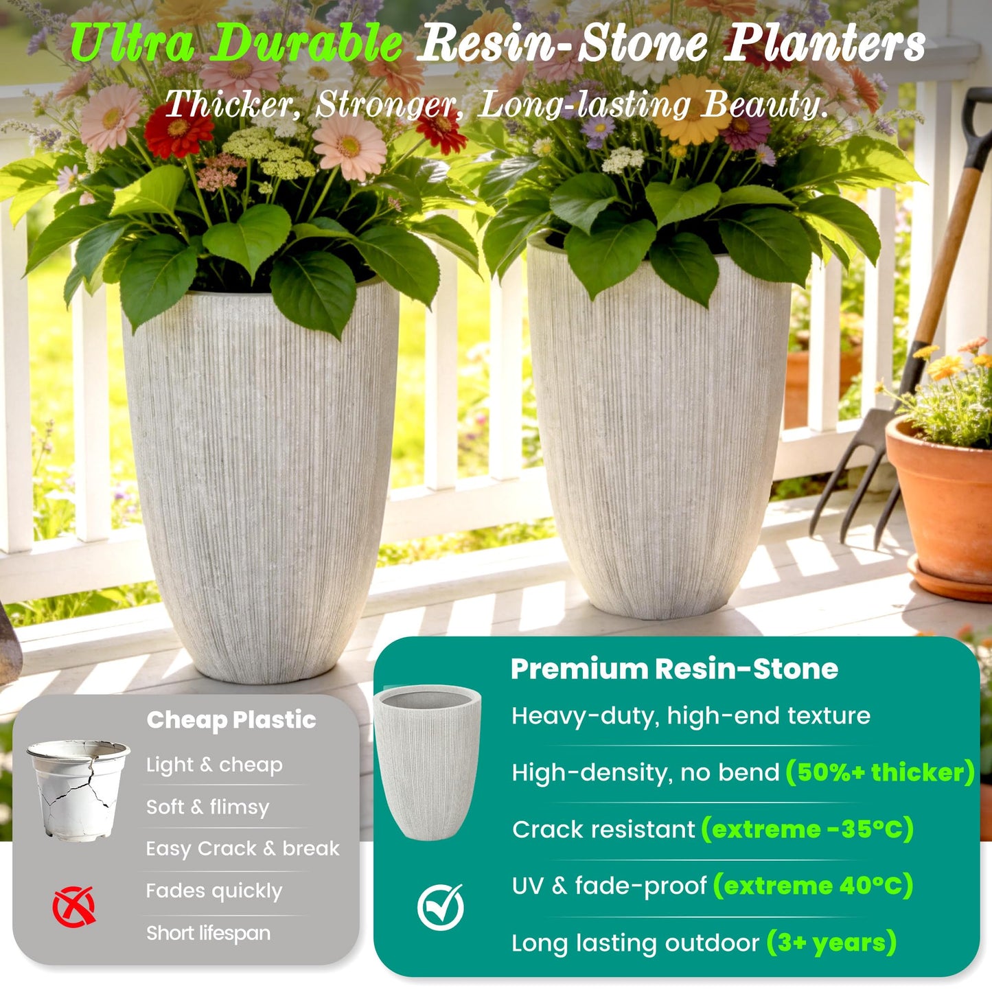 Ultym 19" Tall Planter for Indoor Outdoor Plants, Set of 2 Large Flower Pot with Drainage Hole, Weather/UV-Resistant Resin Planters for Garden Patio Porch Home office Decor, Mediterranean Beige Fluted